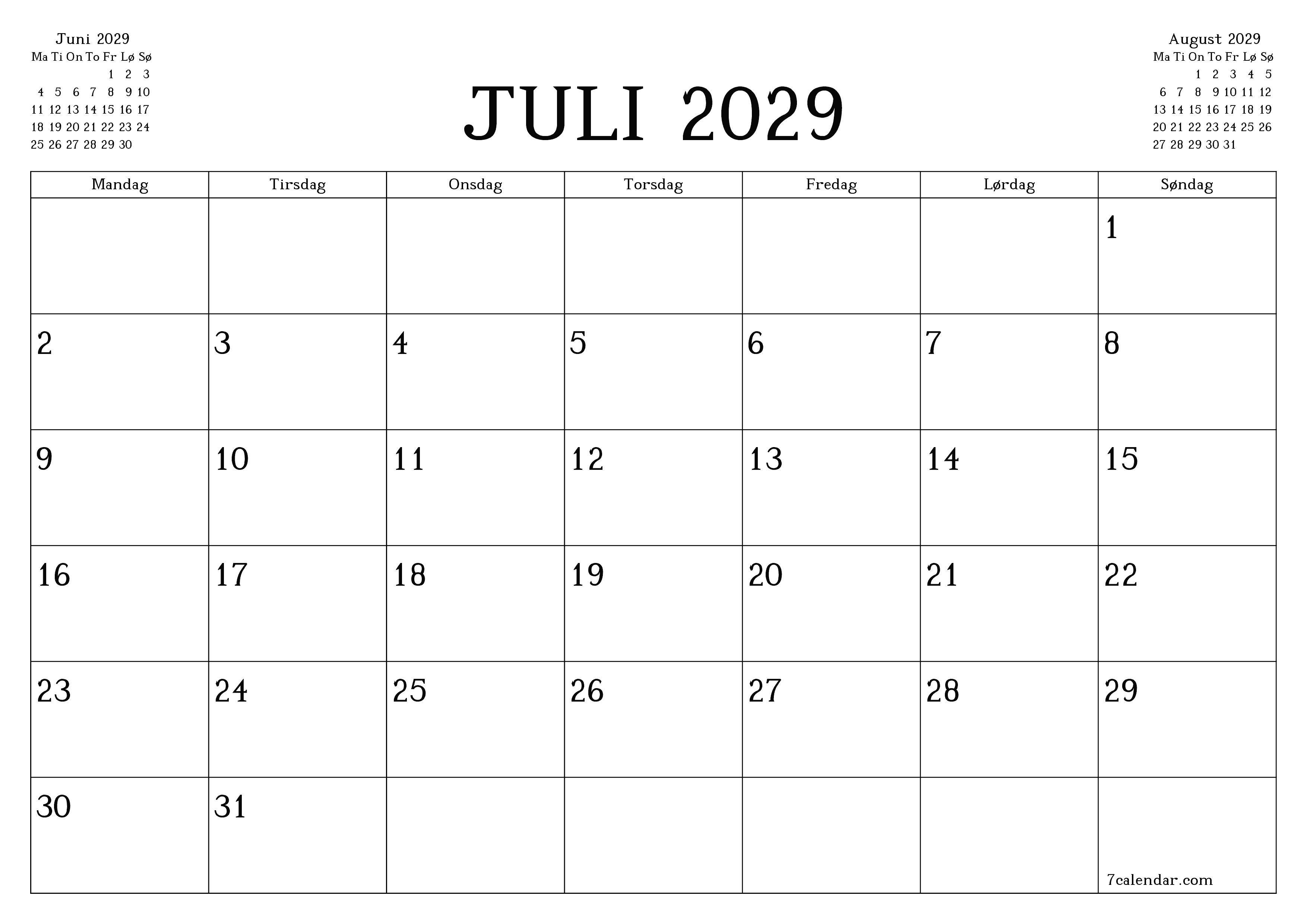 Tom månedlig planlegger for måned Juli 2029 med notater, lagre og skriv ut til PDF PNG Norwegian