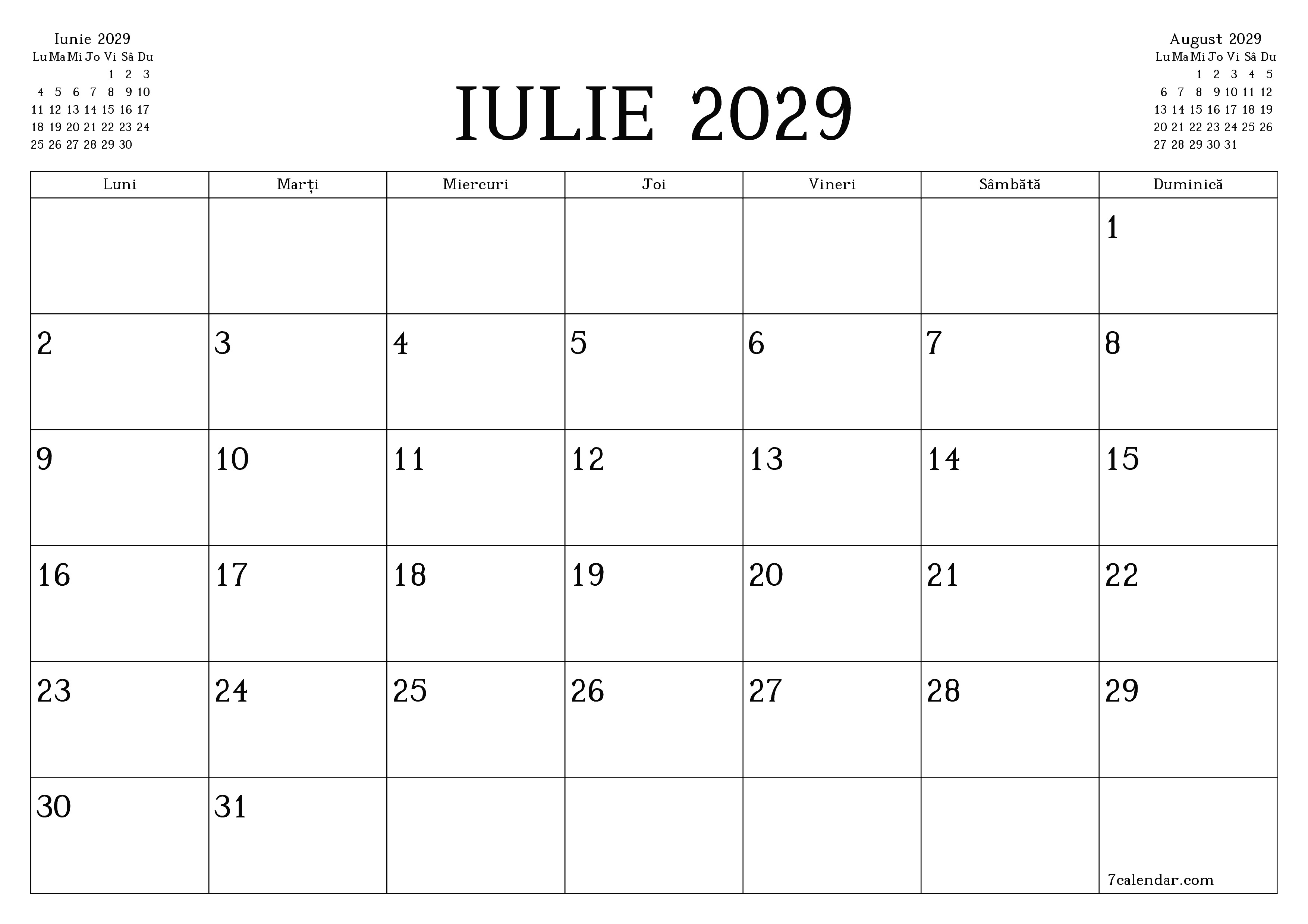 Planificator lunar gol pentru luna Iulie 2029 cu note, salvați și tipăriți în PDF PNG Romanian