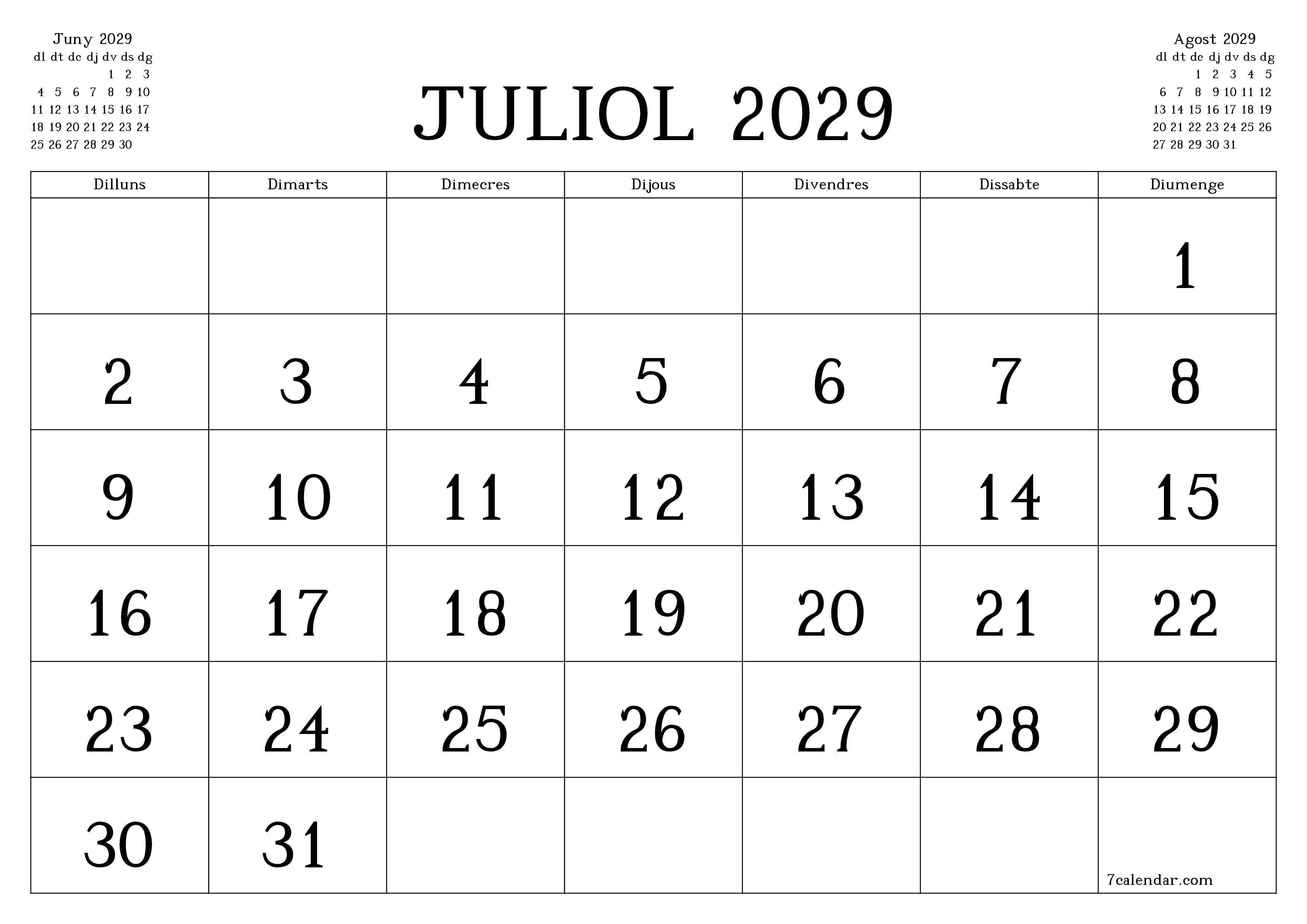 Planificador mensual buit del mes Juliol 2029 amb notes, deseu-lo i imprimiu-lo en format PDF PNG Catalan