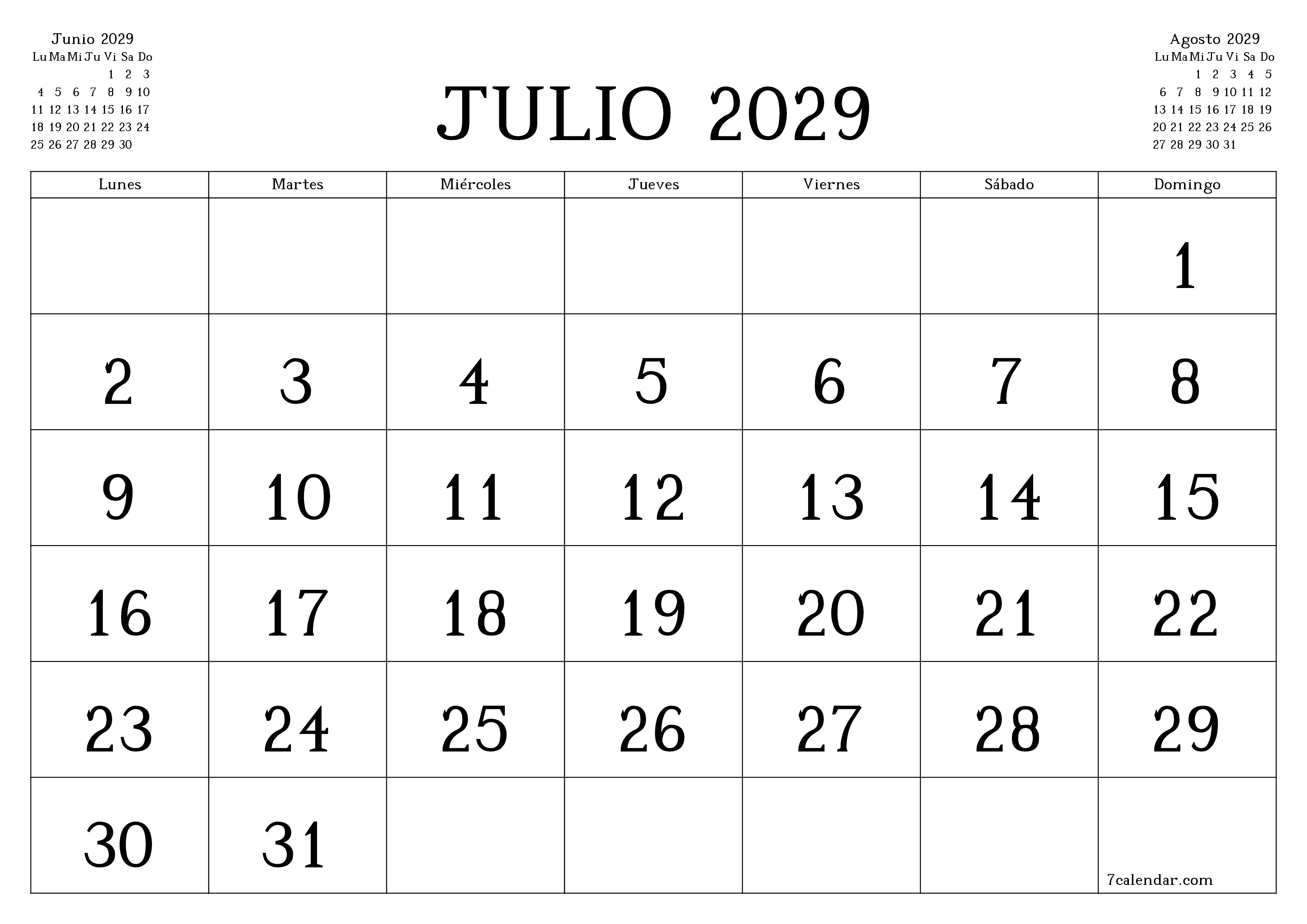 Planificador mensual vacío para el mes Julio 2029 con notas, guardar e imprimir en PDF PNG Spanish