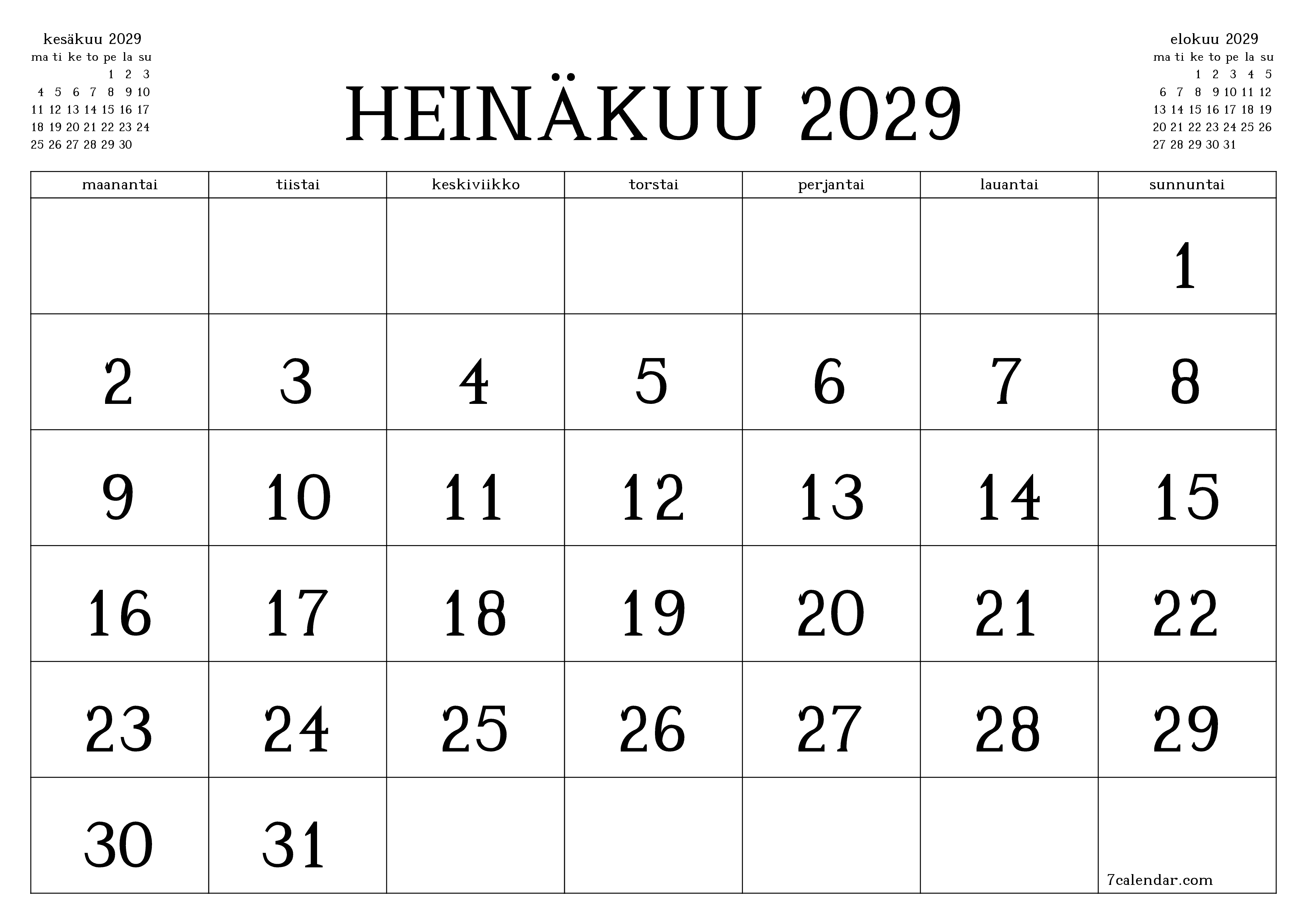 Tyhjennä kuukausittainen suunnittelija kuukaudelle Heinäkuu 2029 muistiinpanoilla, tallenna ja tulosta PDF-muotoon PNG Finnish