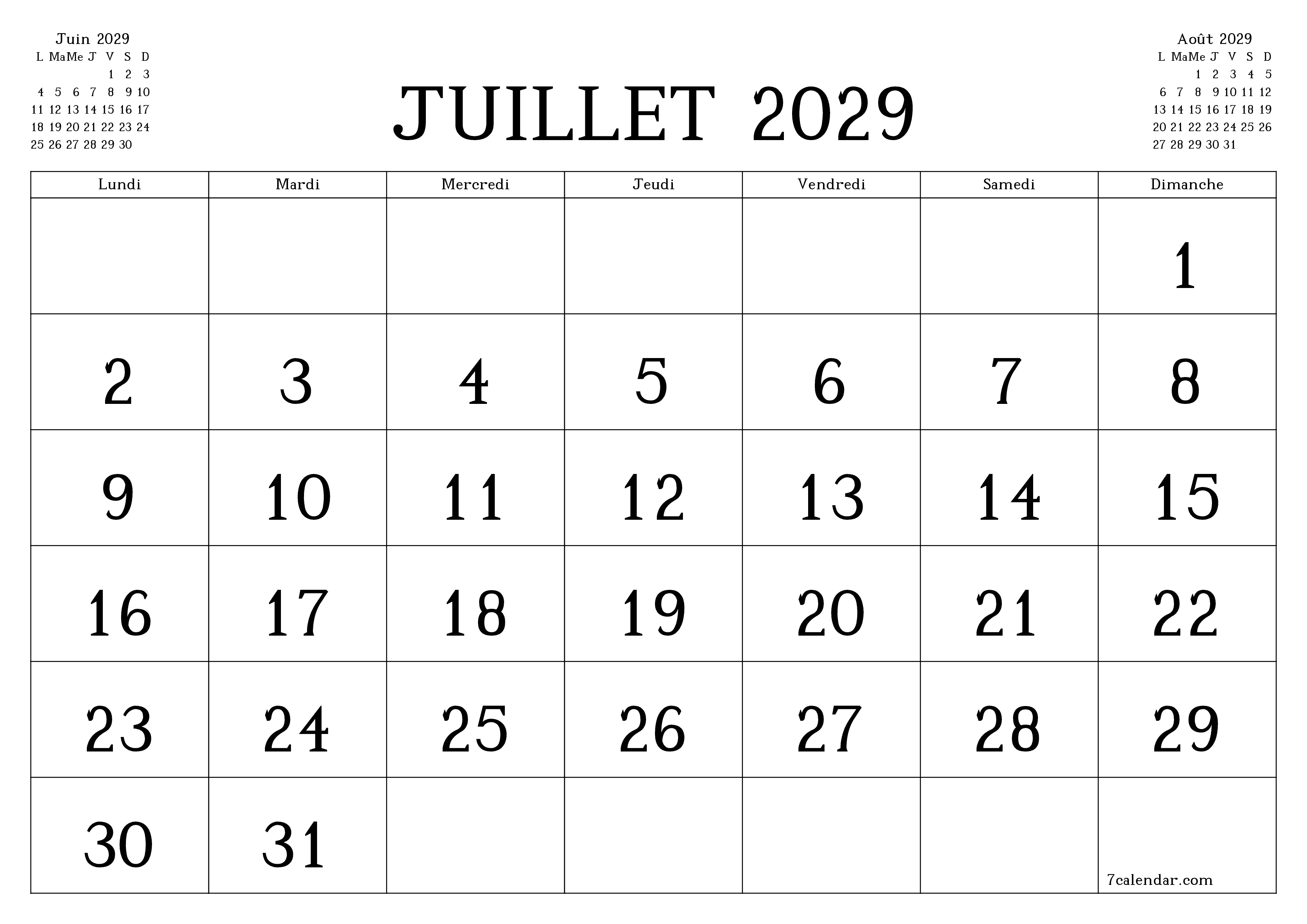 Agenda mensuel vide pour le mois Juillet 2029 avec notes, enregistrez et imprimez au format PDF PNG French