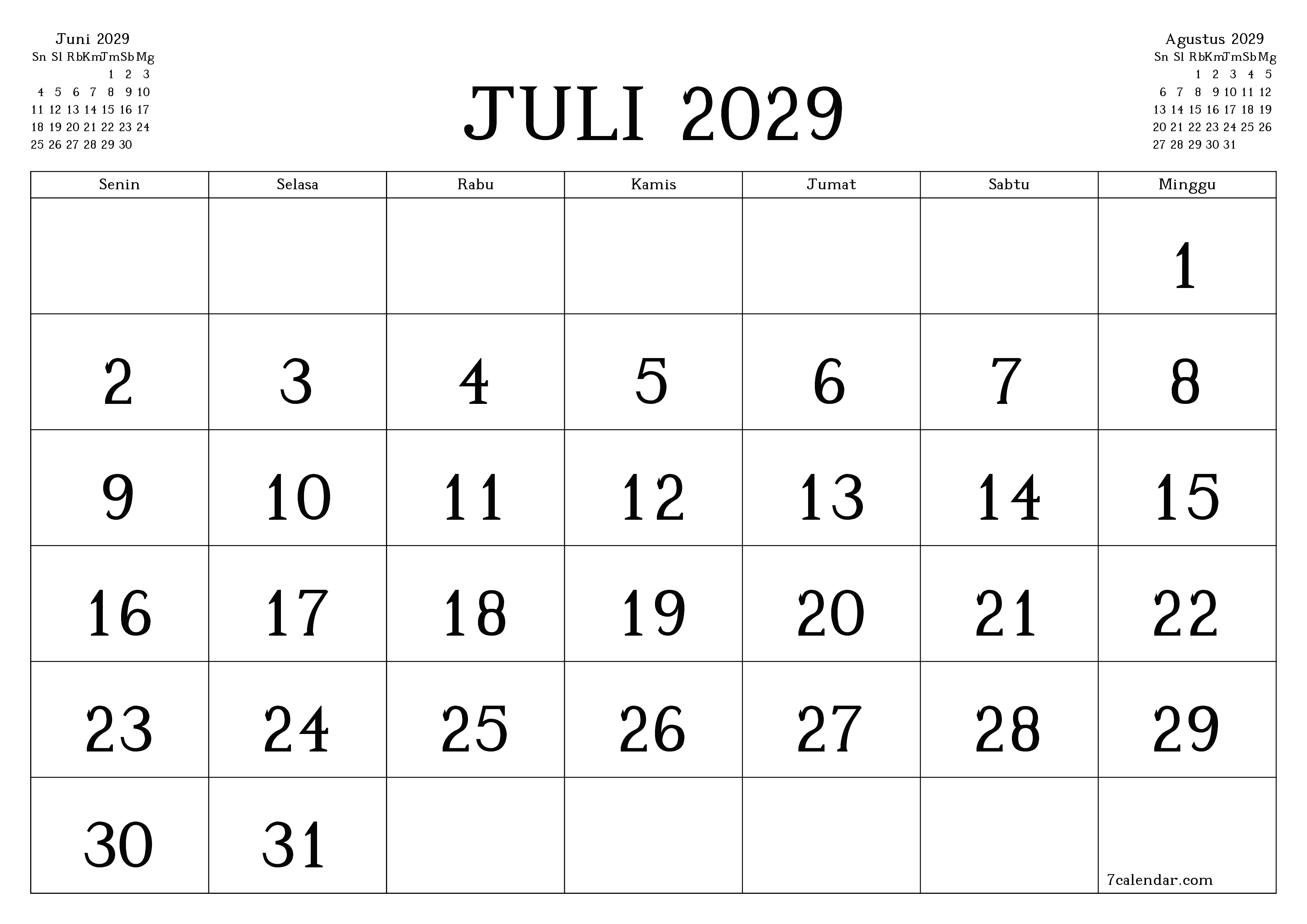 Kosongkan agenda bulanan untuk bulan Juli 2029 dengan catatan, simpan dan cetak ke PDF PNG Indonesian