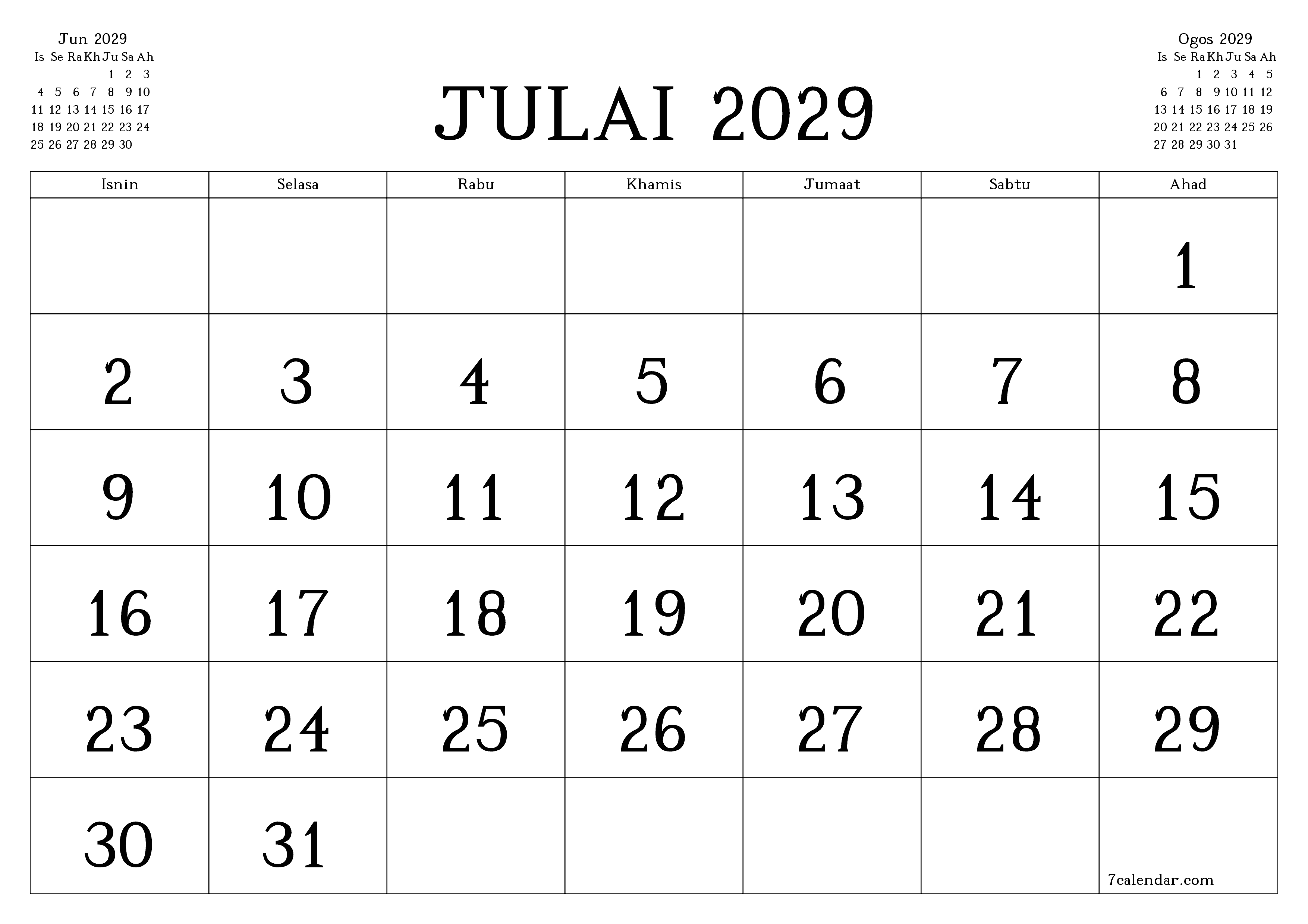 Perancang bulanan kosong untuk bulan Julai 2029 dengan nota, simpan dan cetak ke PDF PNG Malay
