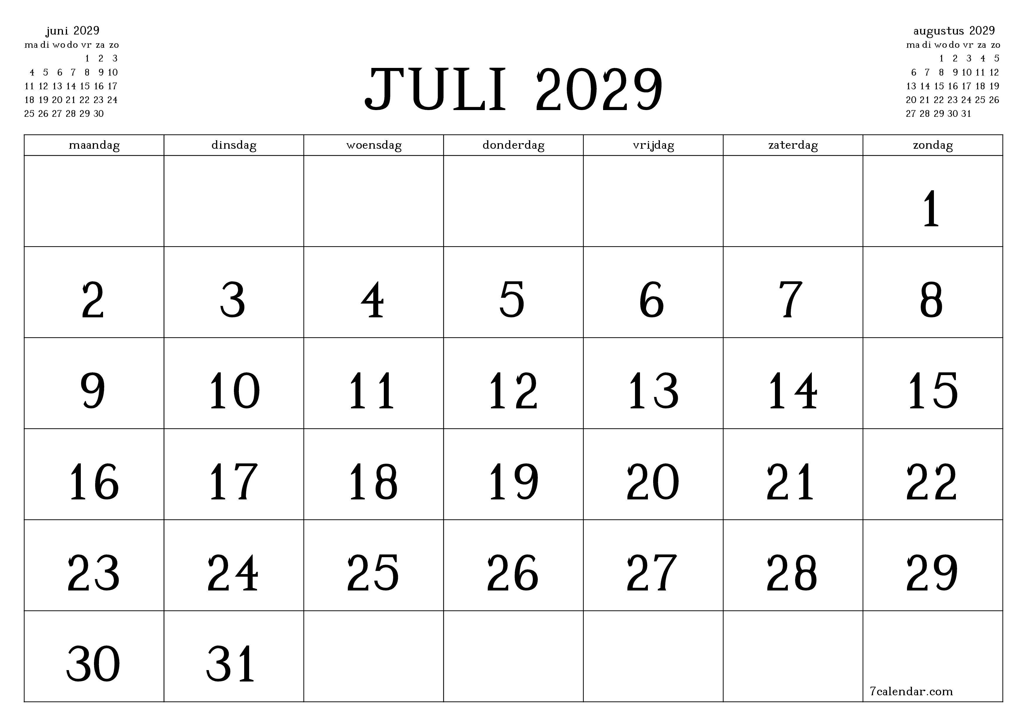 Lege maandplanner voor maand juli 2029 met notities, opslaan en afdrukken naar pdf PNG Dutch