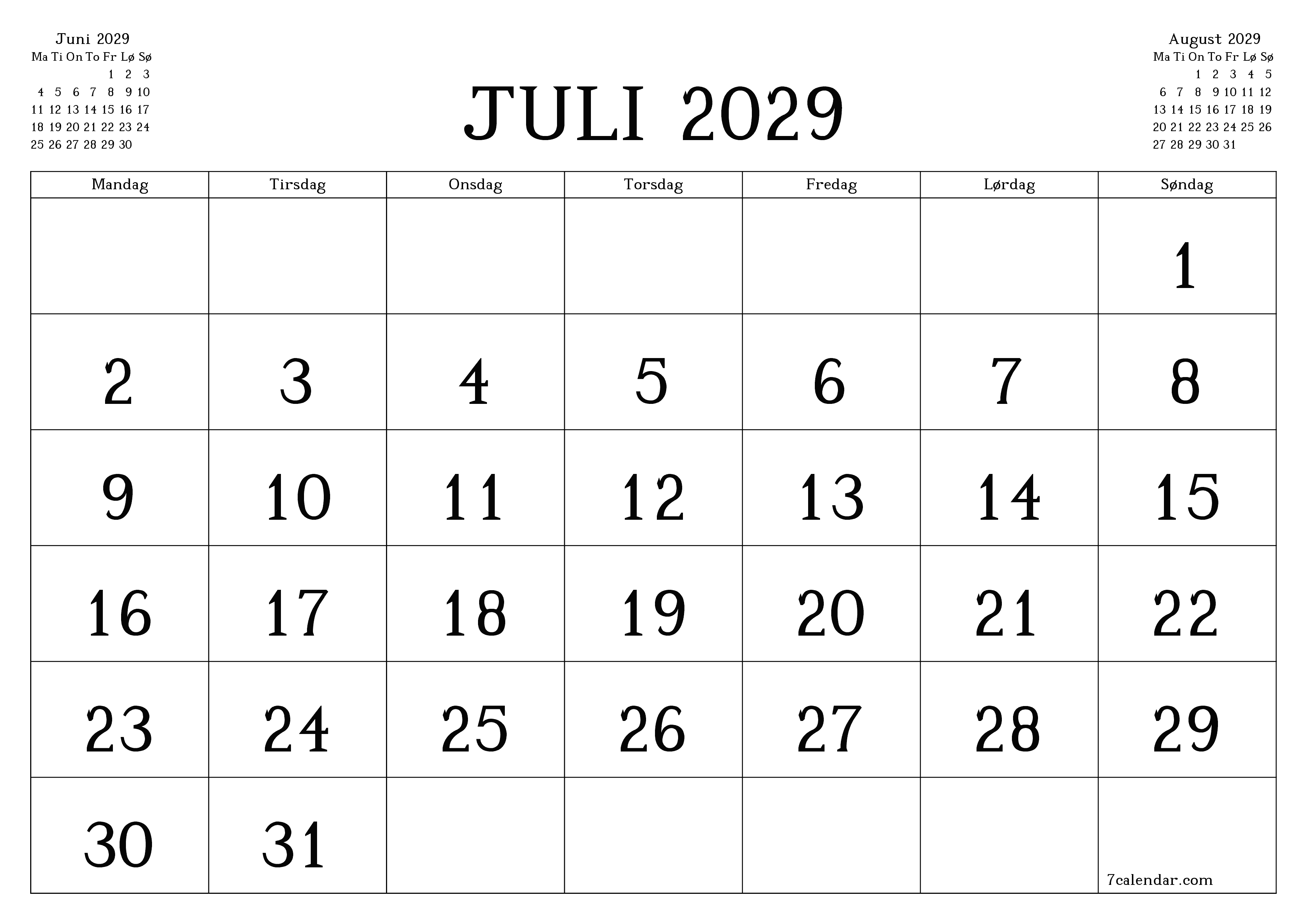 Tom månedlig planlegger for måned Juli 2029 med notater, lagre og skriv ut til PDF PNG Norwegian