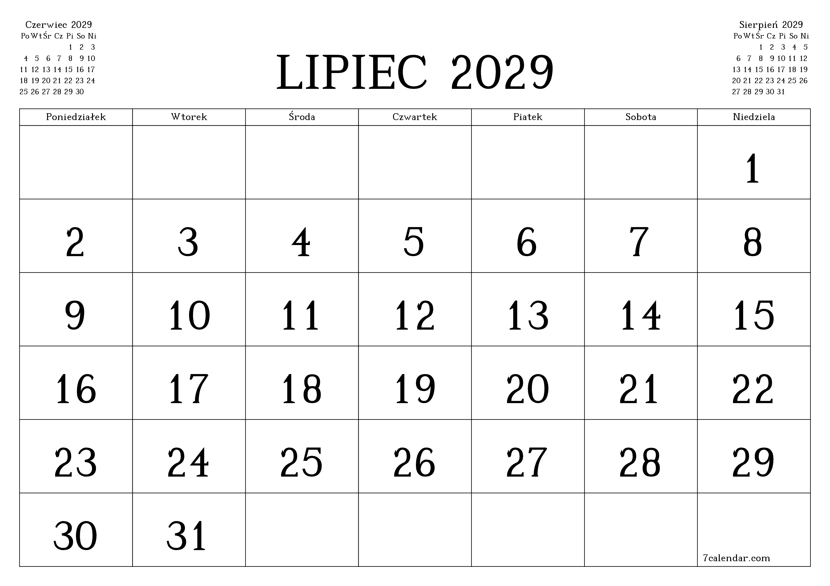 Opróżnij miesięczny planer na miesiąc Lipiec 2029 z notatkami, zapisz i wydrukuj w formacie PDF PNG Polish