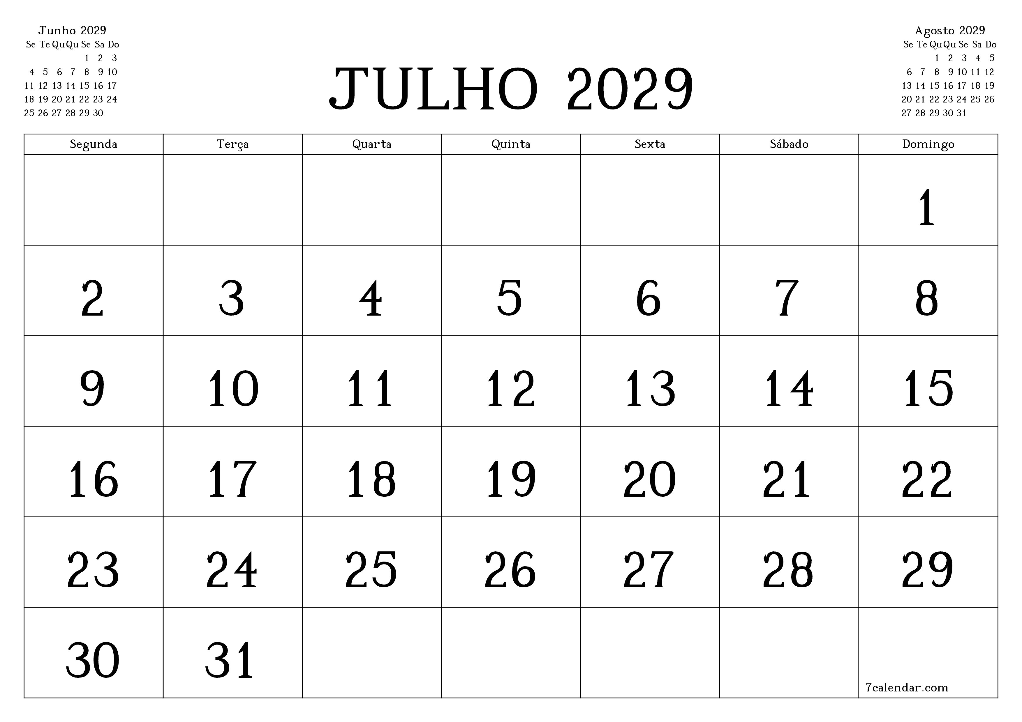 Esvazie o planejador mensal para o mês Julho 2029 com notas, salve e imprima em PDF PNG Portuguese