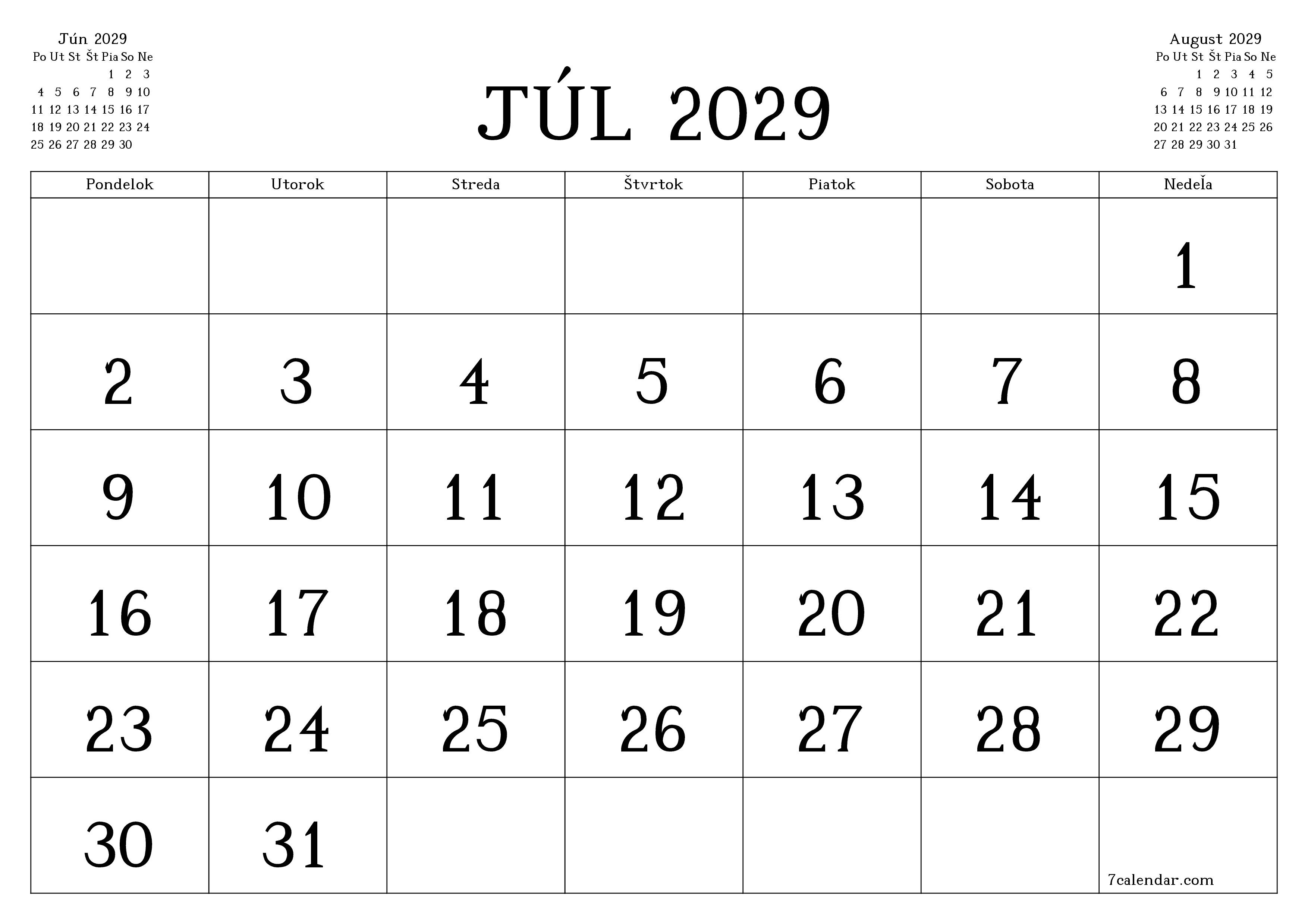 Prázdny mesačný plánovač na mesiac Júl 2029 s poznámkami, uloženie a tlač do PDF PNG Slovak