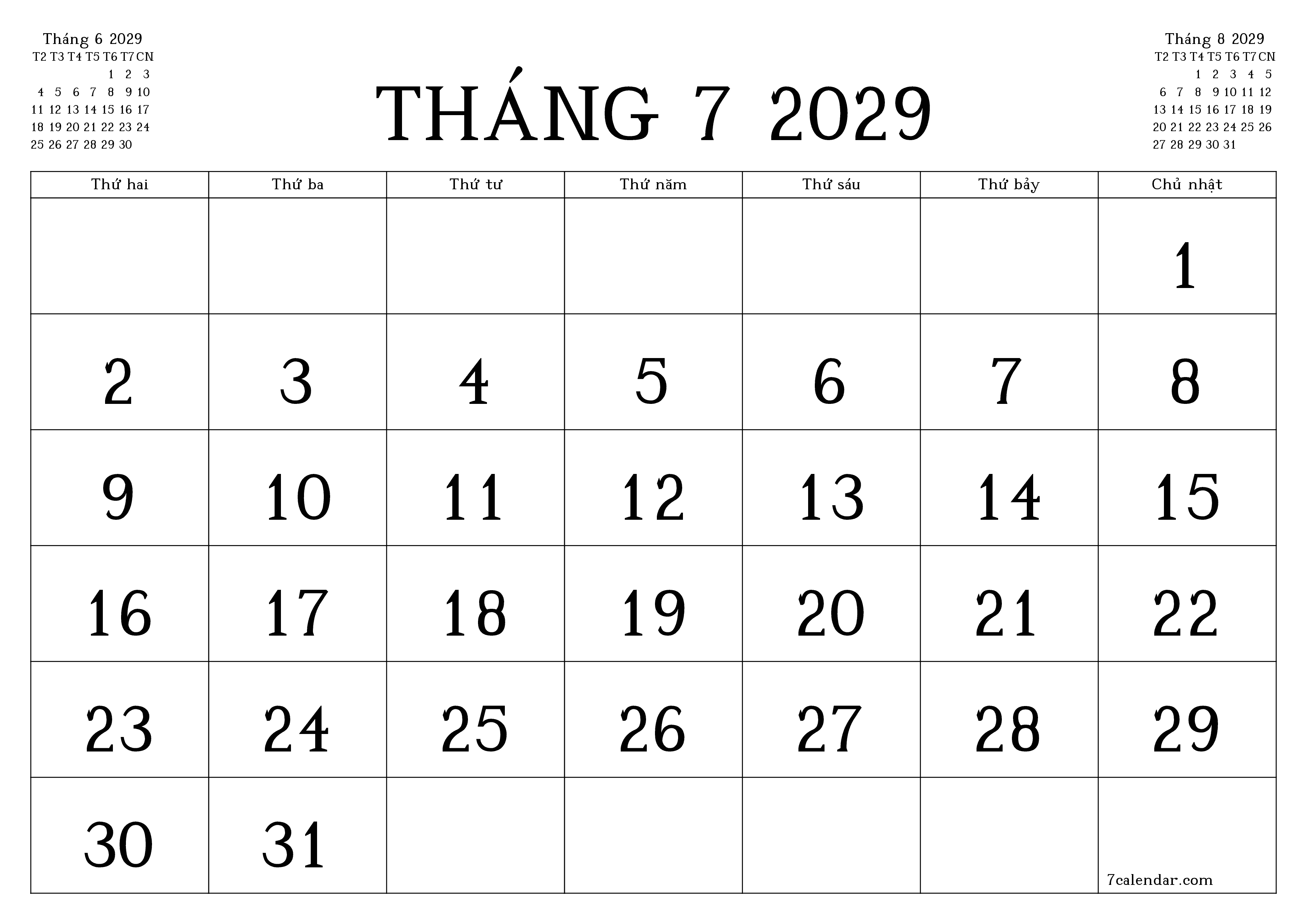 Công cụ lập kế hoạch hàng tháng trống cho tháng Tháng 7 2029 có ghi chú, lưu và in sang PDF PNG Vietnamese
