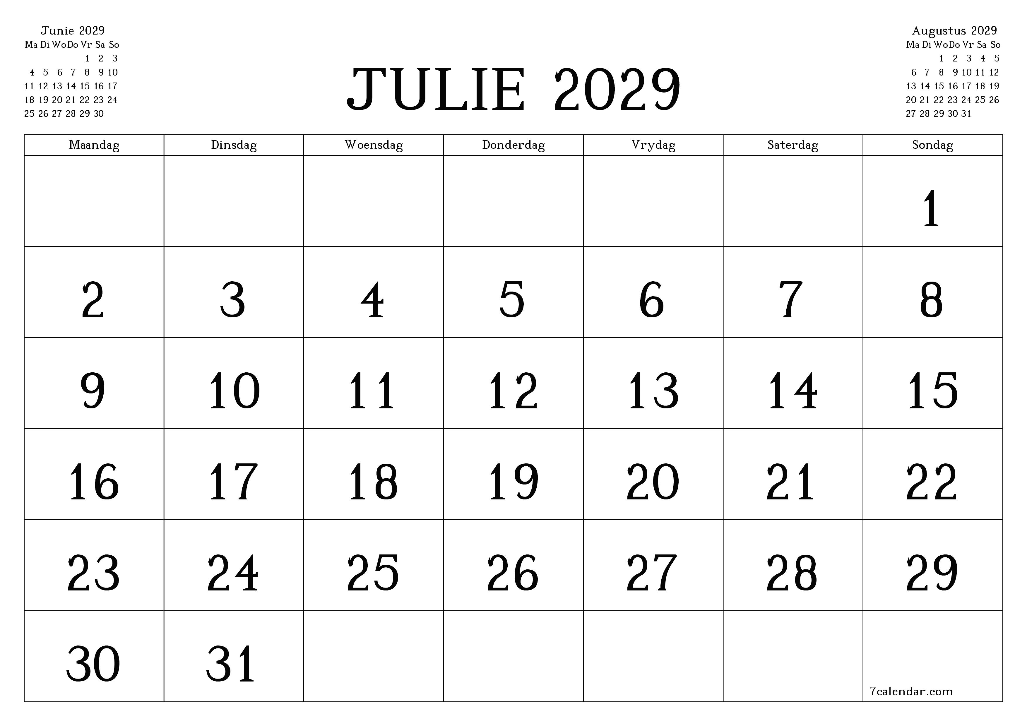 Leë maandelikse drukbare kalender en beplanner vir maand Julie 2029 met notas stoor en druk na PDF PNG Afrikaans