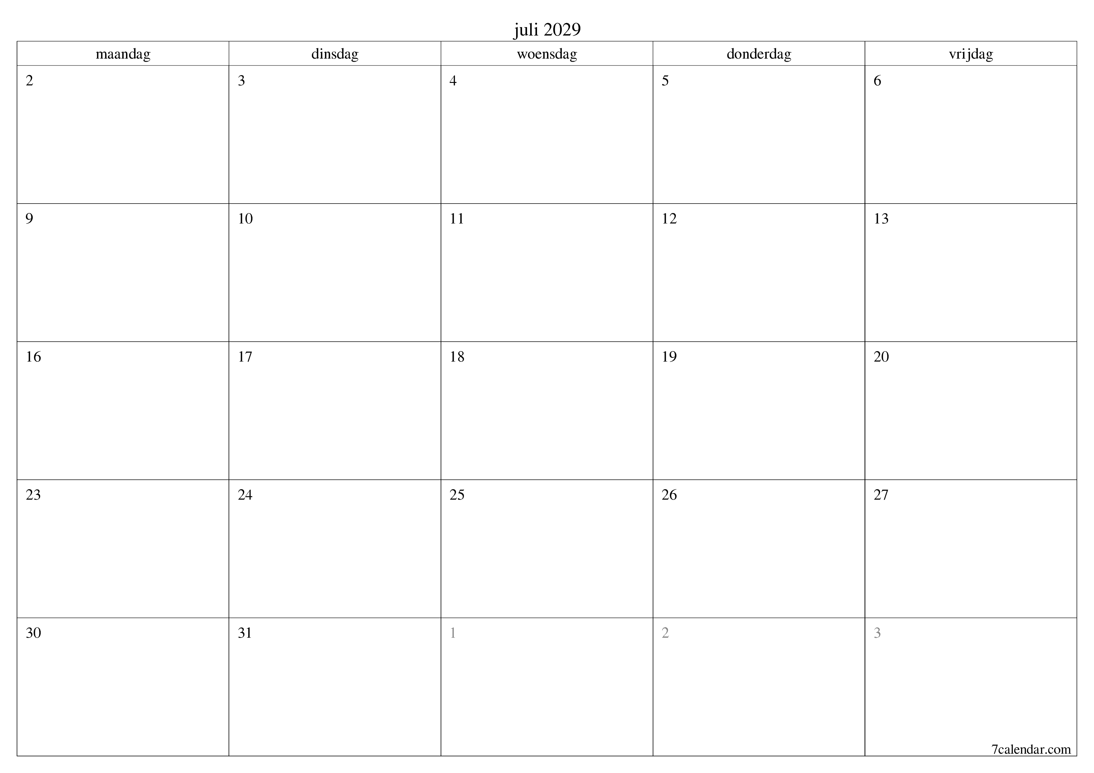 Lege maandplanner voor maand juli 2029 met notities, opslaan en afdrukken naar pdf PNG Dutch