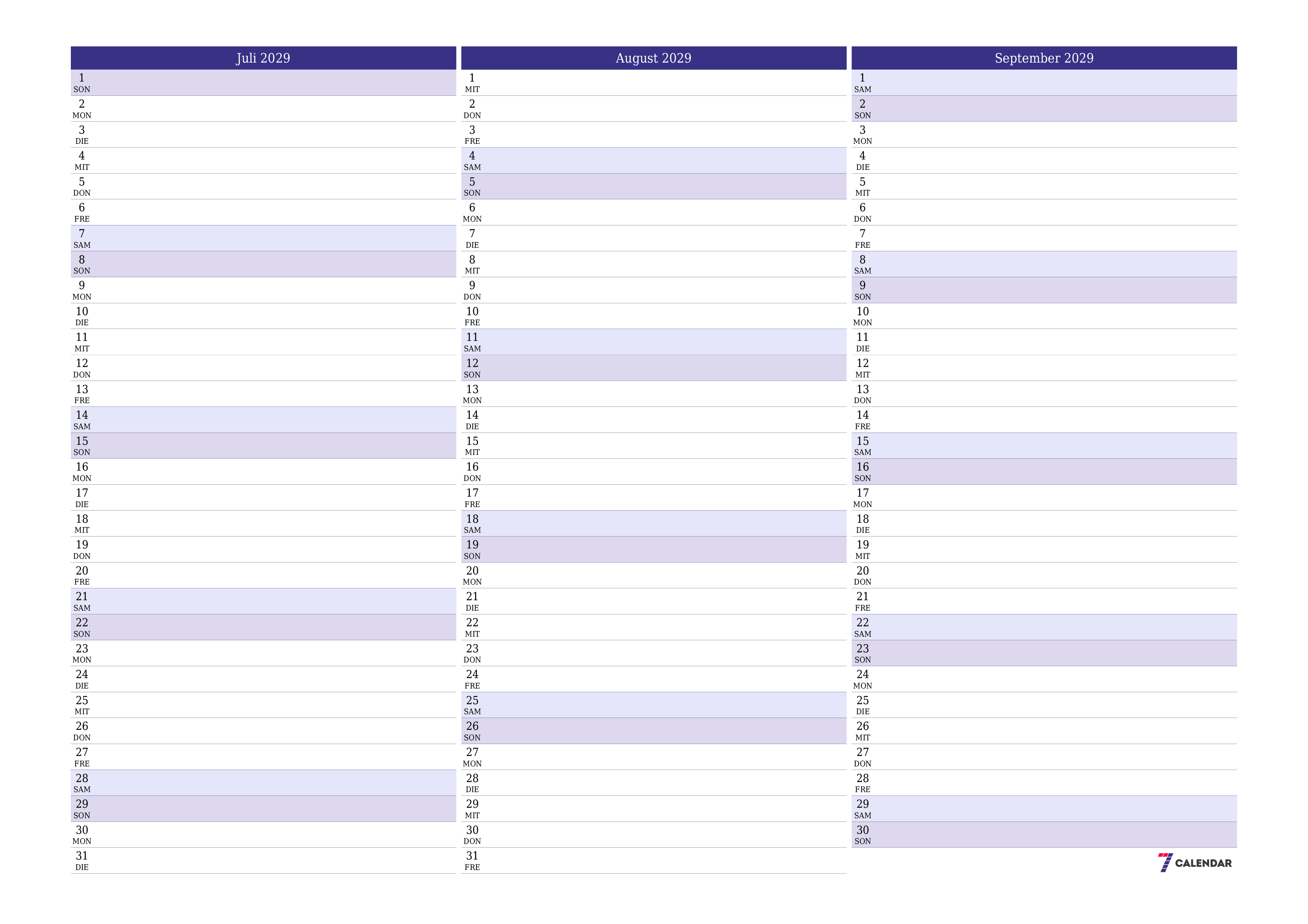 Monatsplaner für Monat Juli 2029 mit Notizen leeren, speichern und als PDF PNG German - 7calendar.com drucken