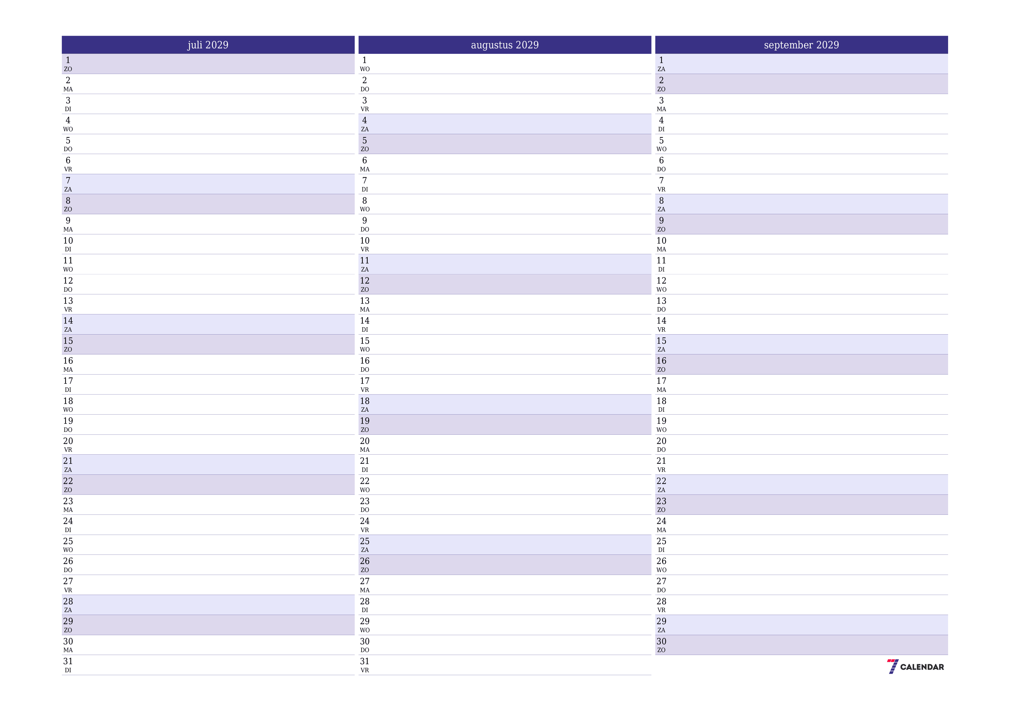 Lege maandplanner voor maand juli 2029 met notities, opslaan en afdrukken naar pdf PNG Dutch