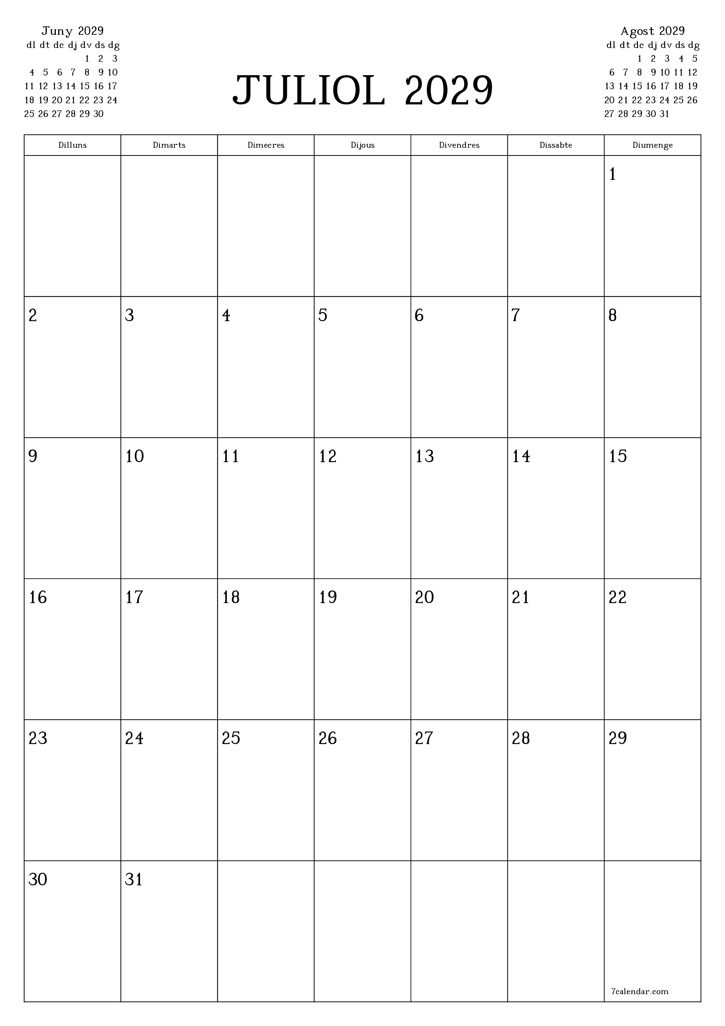  imprimible de paret plantilla de gratuïtvertical Mensual planificador calendari Juliol (Jul) 2029