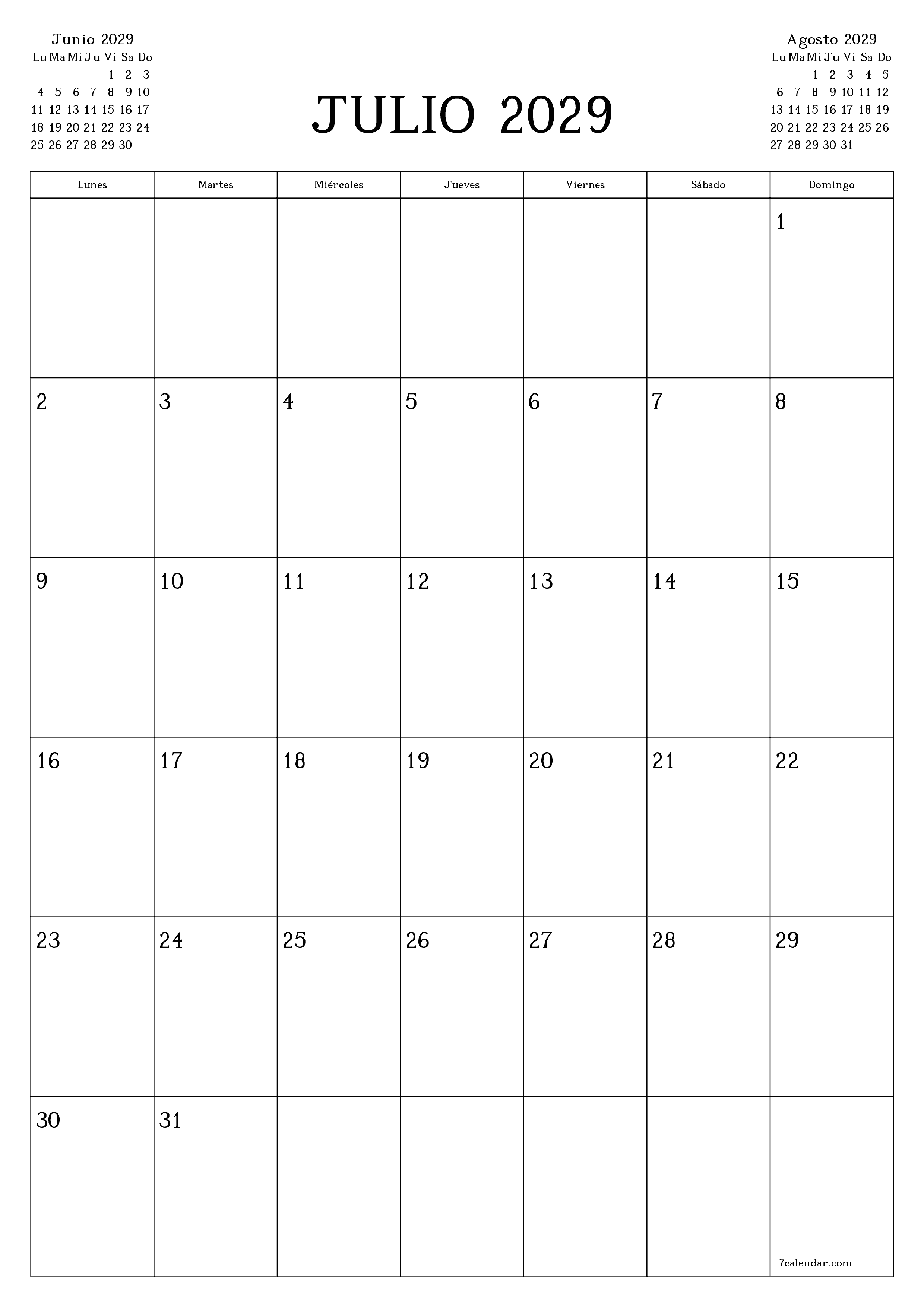  imprimible de pared plantilla de gratisvertical Mensual planificador calendario Julio (Jul) 2029