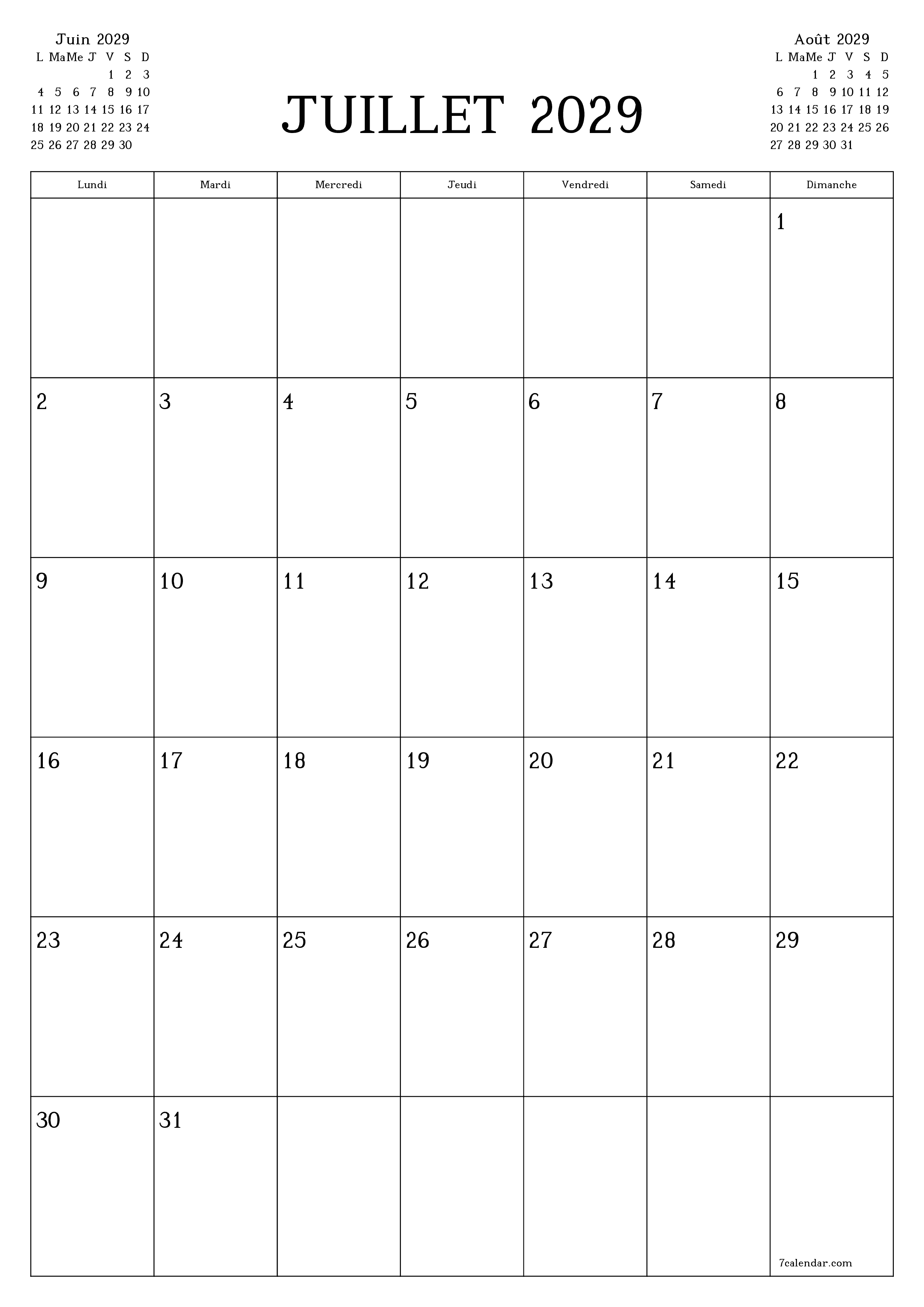  imprimable mural modèle de gratuitverticale Mensuel planificateur calendrier Juillet (Jul) 2029