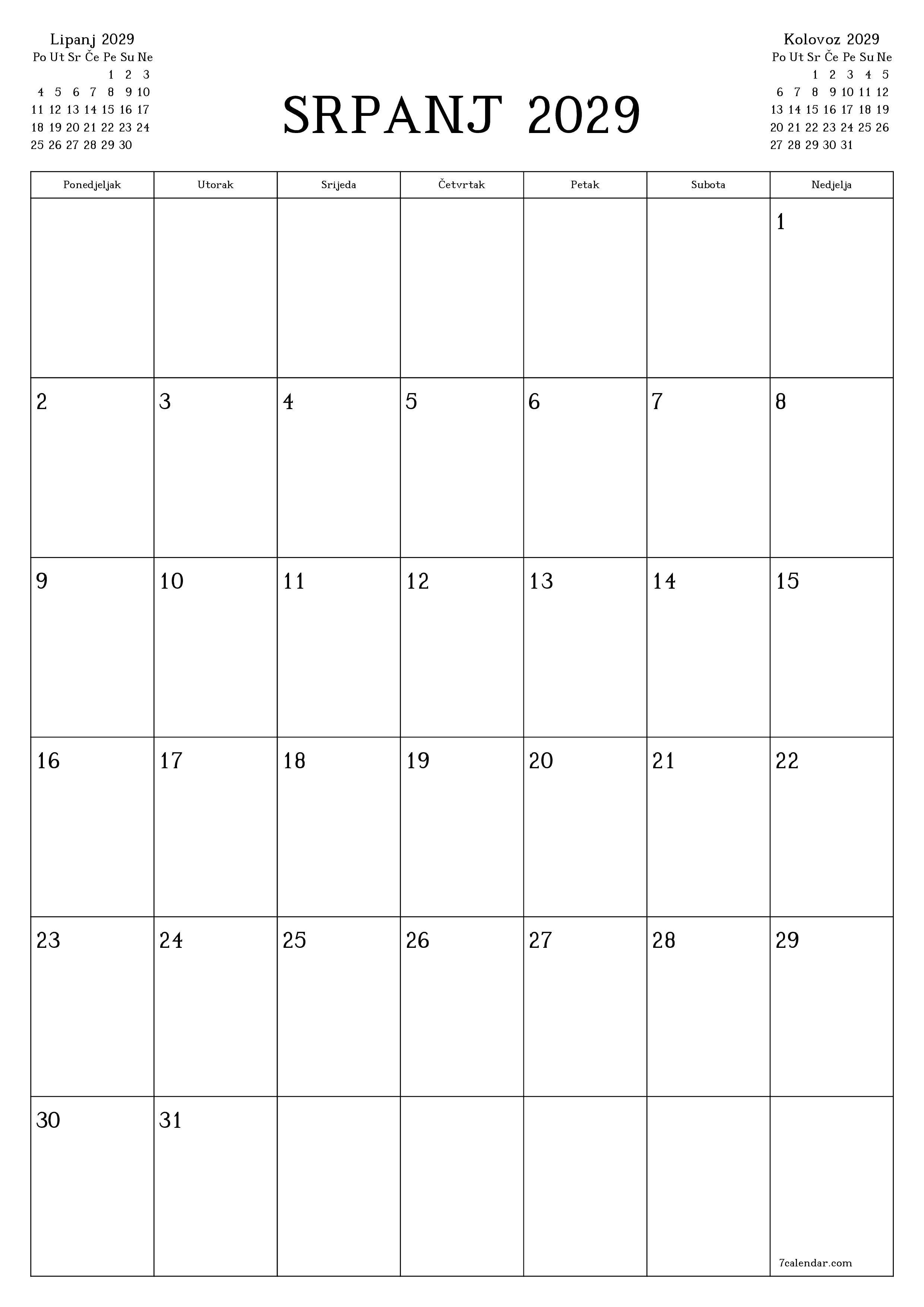  za ispis zidni predložak a besplatni okomito Mjesečni planer kalendar Srpanj (Srp) 2029