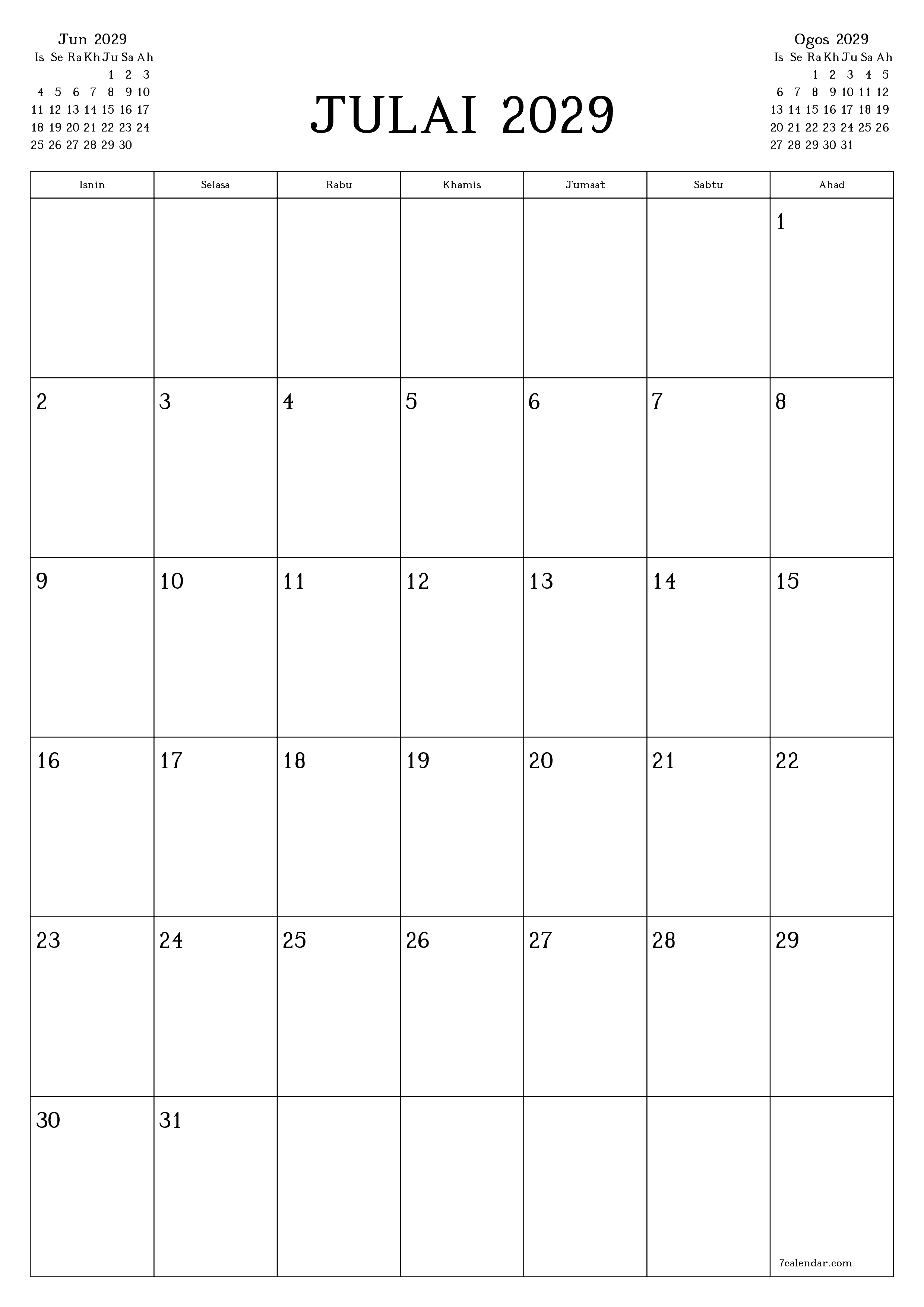  boleh cetak dinding templat percumamenegak Bulanan perancang kalendar Julai (Jul) 2029