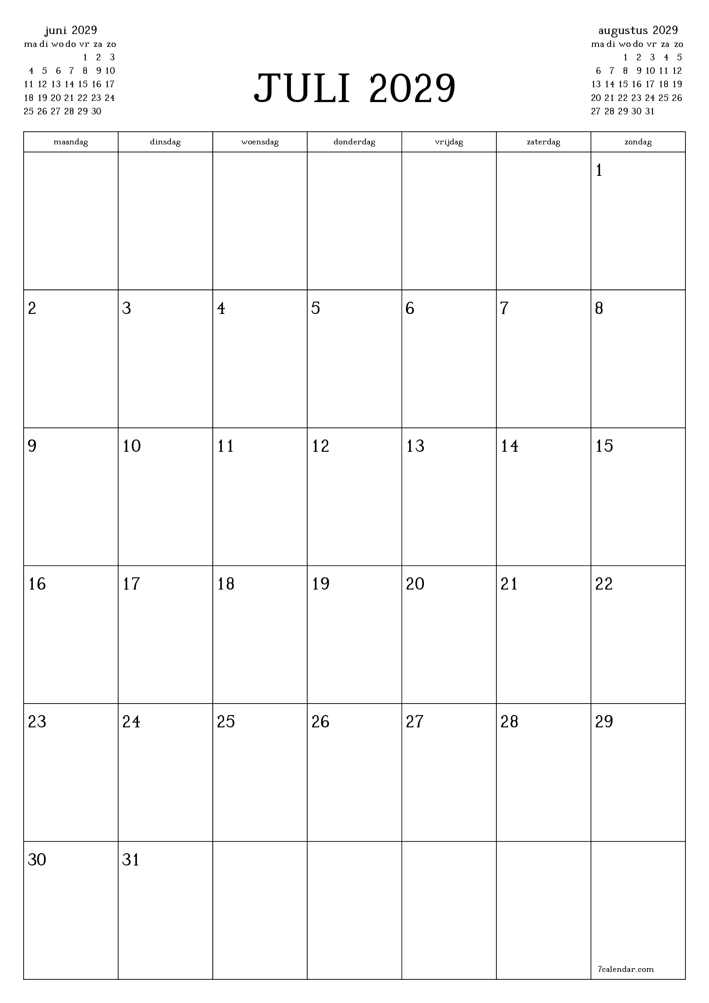 afdrukbare muur sjabloon gratis verticaal Maandelijks planner kalender juli (jul) 2029
