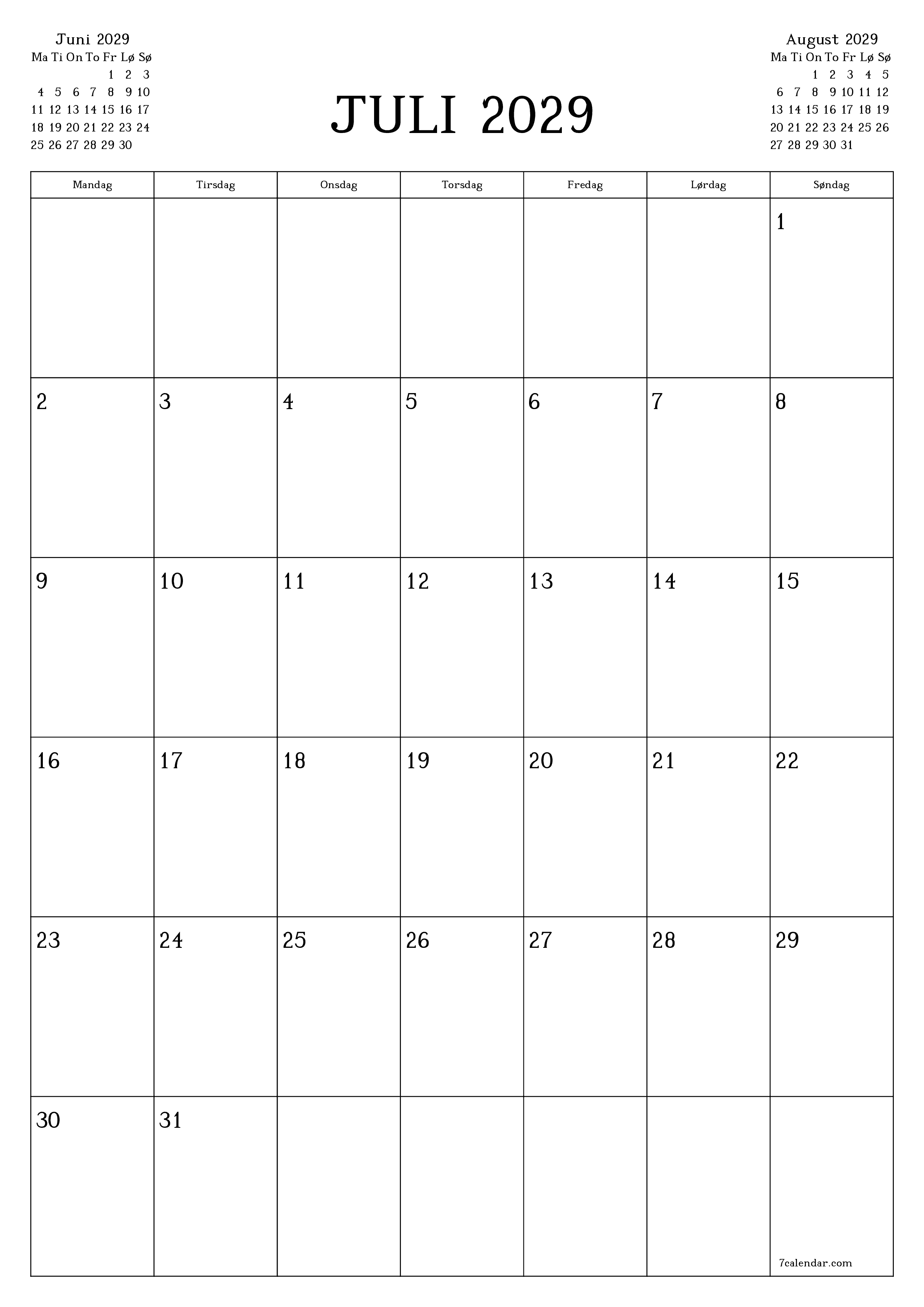 utskrivbar vegg mal gratis vertikal Månedlig planlegger kalender Juli (Jul) 2029