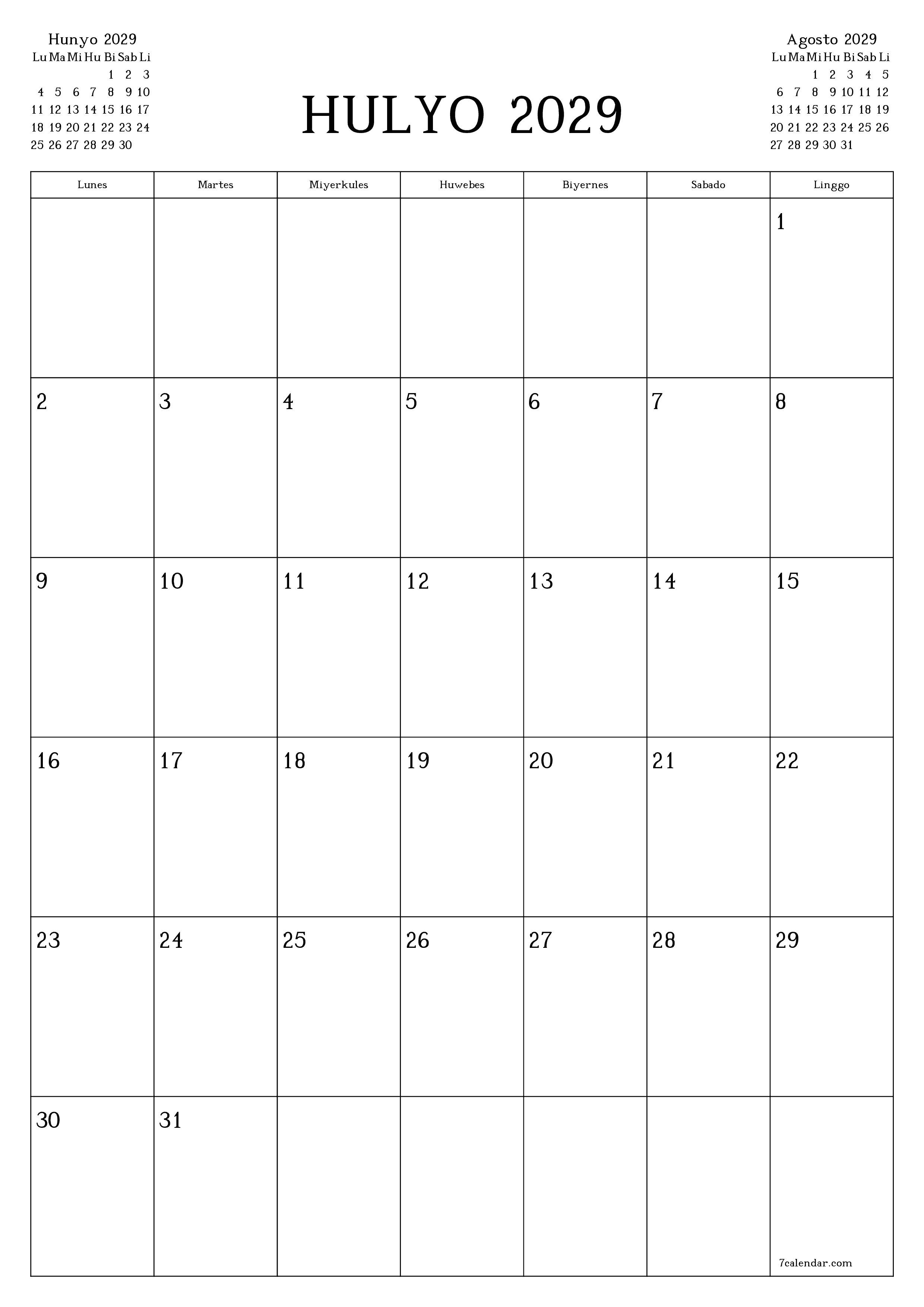 napi-print na sa dingding template ng libreng patayo Buwanang tagaplano kalendaryo Hulyo (Hul) 2029