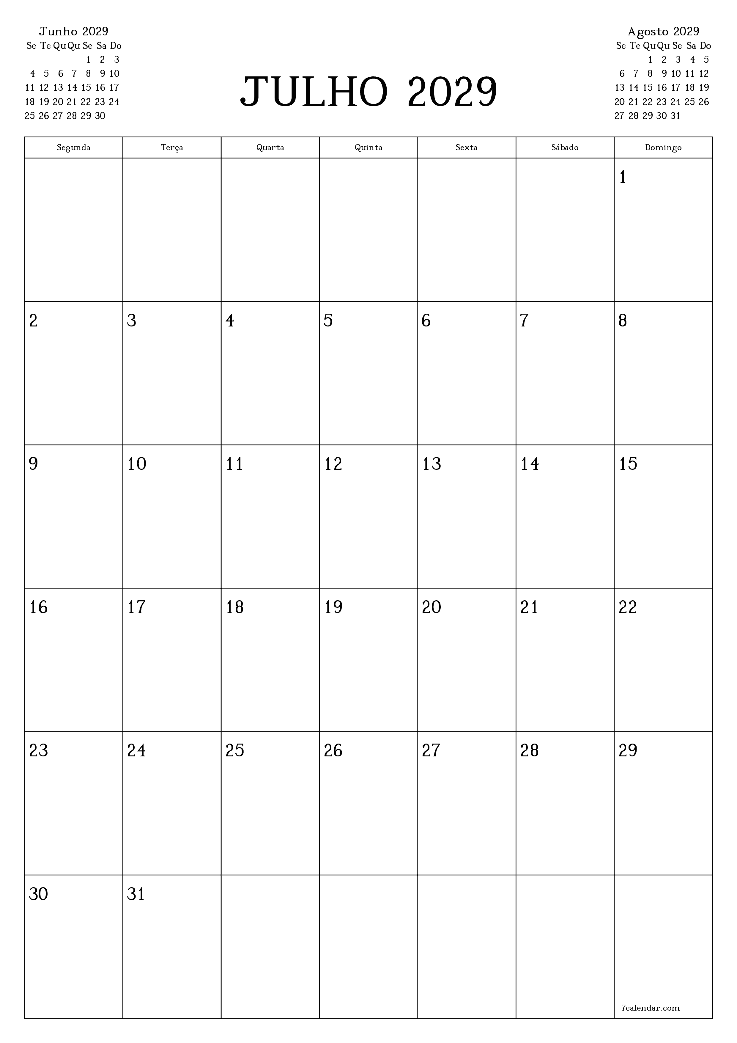  para impressão de parede modelo de grátisvertical Mensal planejador calendário Julho (Jul) 2029