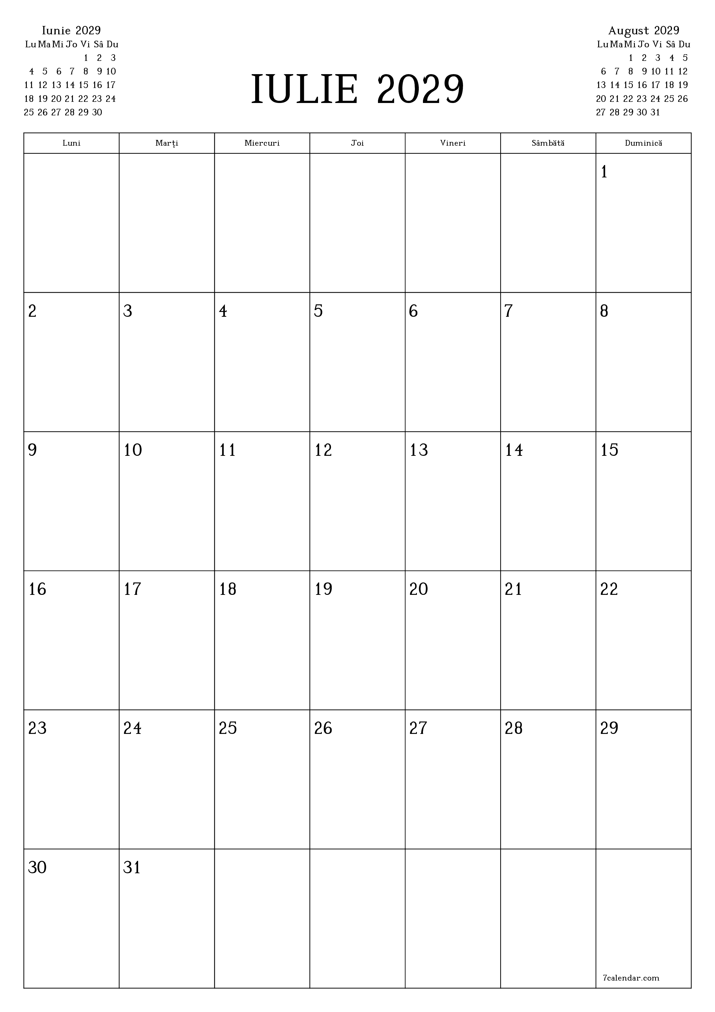  imprimabil de perete șablon de gratuitvertical Lunar planificator calendar Iulie (Iul) 2029