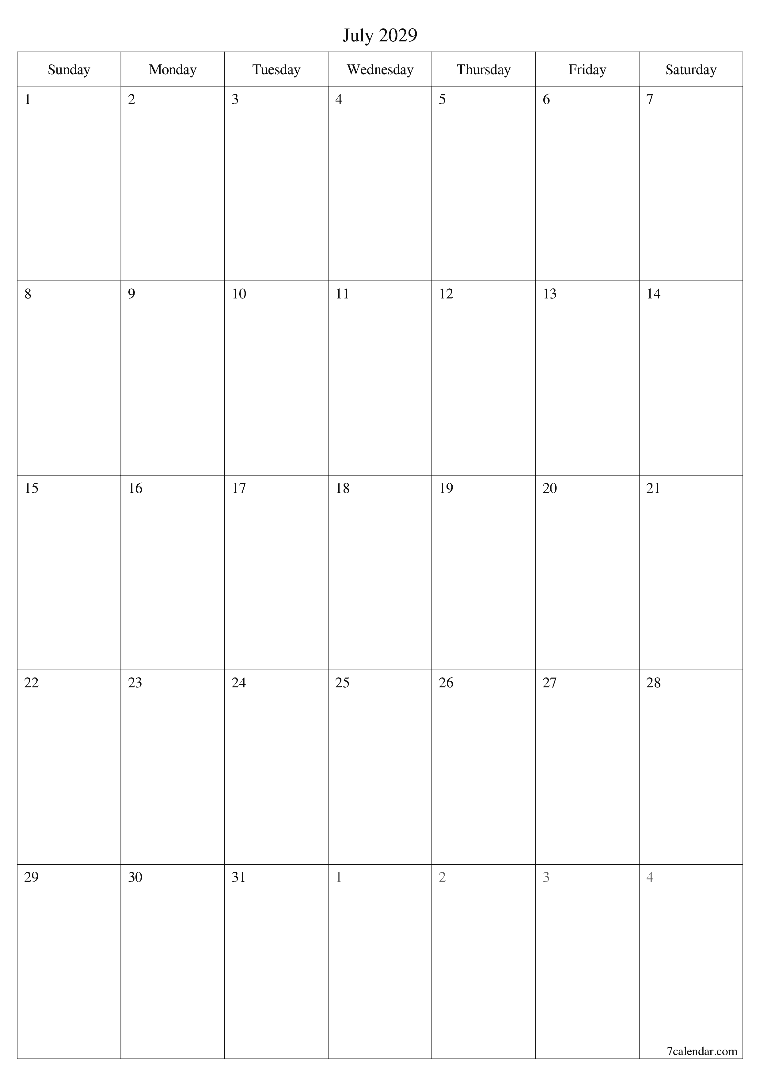 printable wall template free vertical Monthly planner calendar July (Jul) 2029