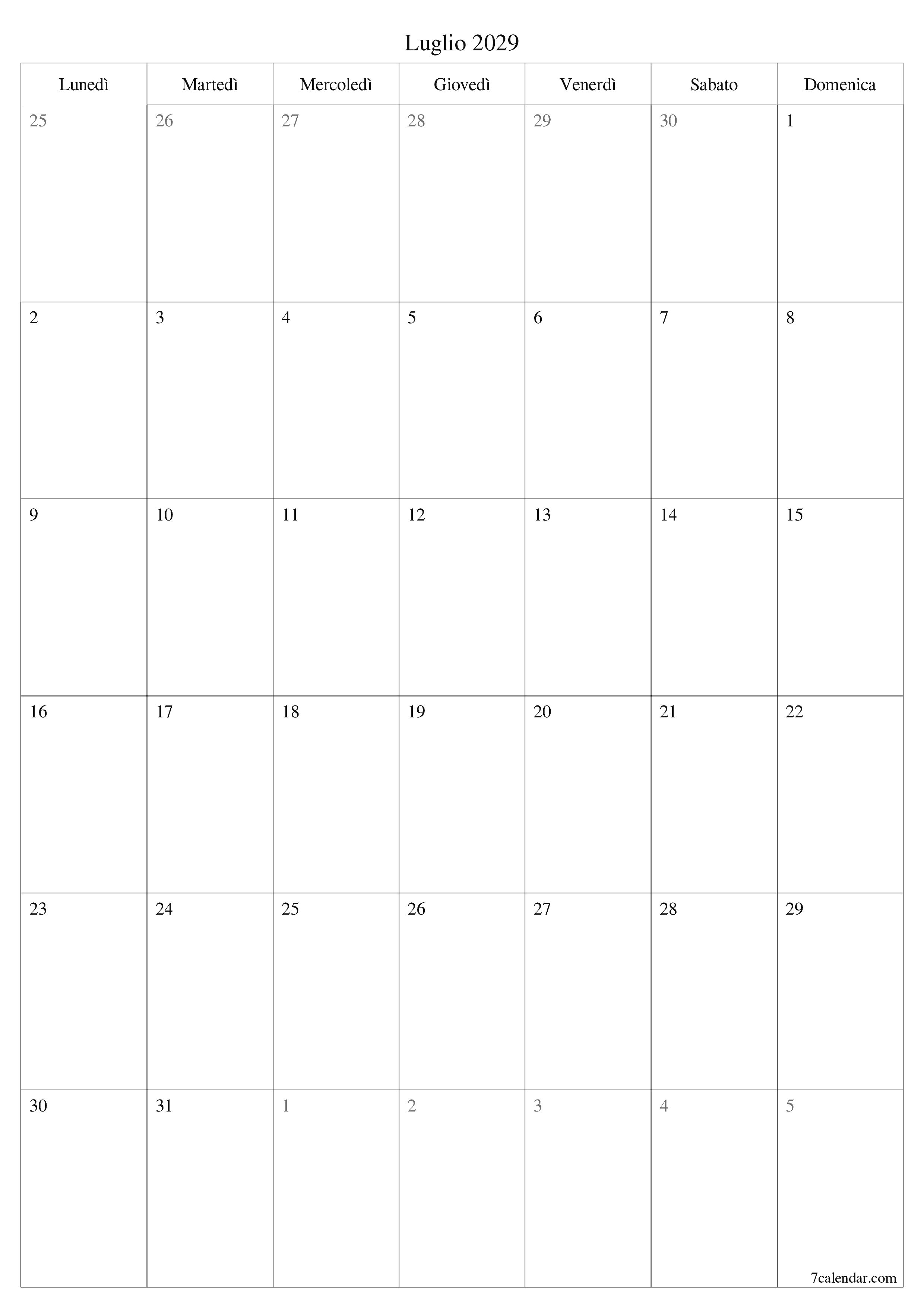  stampabile da parete modello di gratuitoverticale Mensile pianificatore calendario Luglio (Lug) 2029
