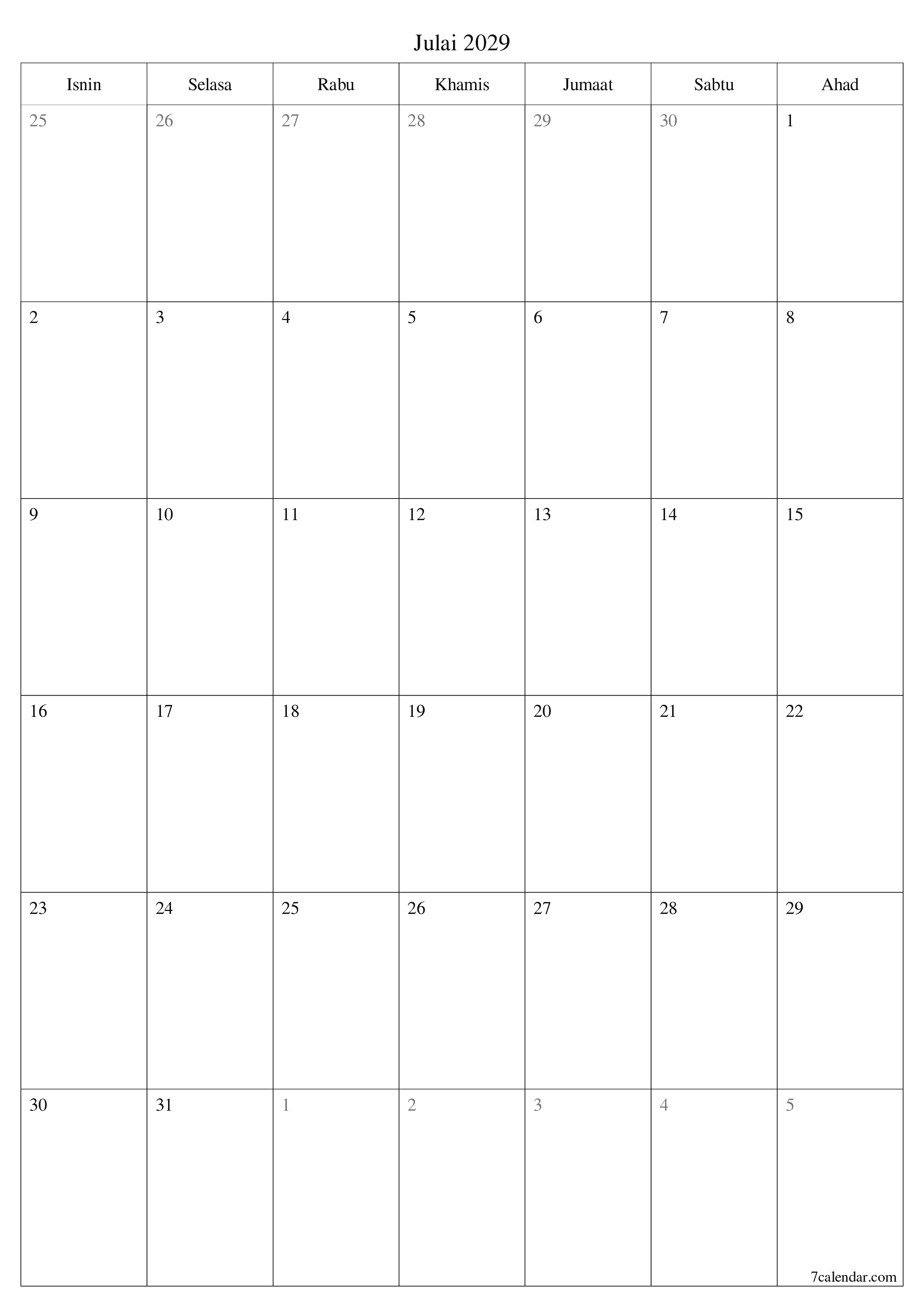  boleh cetak dinding templat percumamenegak Bulanan perancang kalendar Julai (Jul) 2029