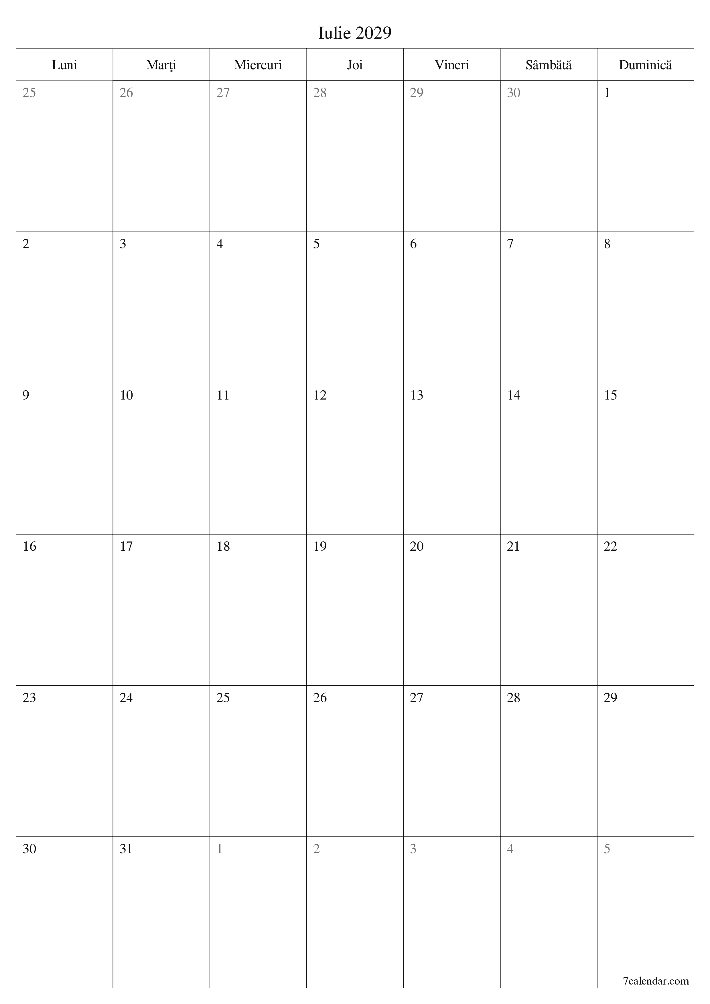  imprimabil de perete șablon de gratuitvertical Lunar planificator calendar Iulie (Iul) 2029