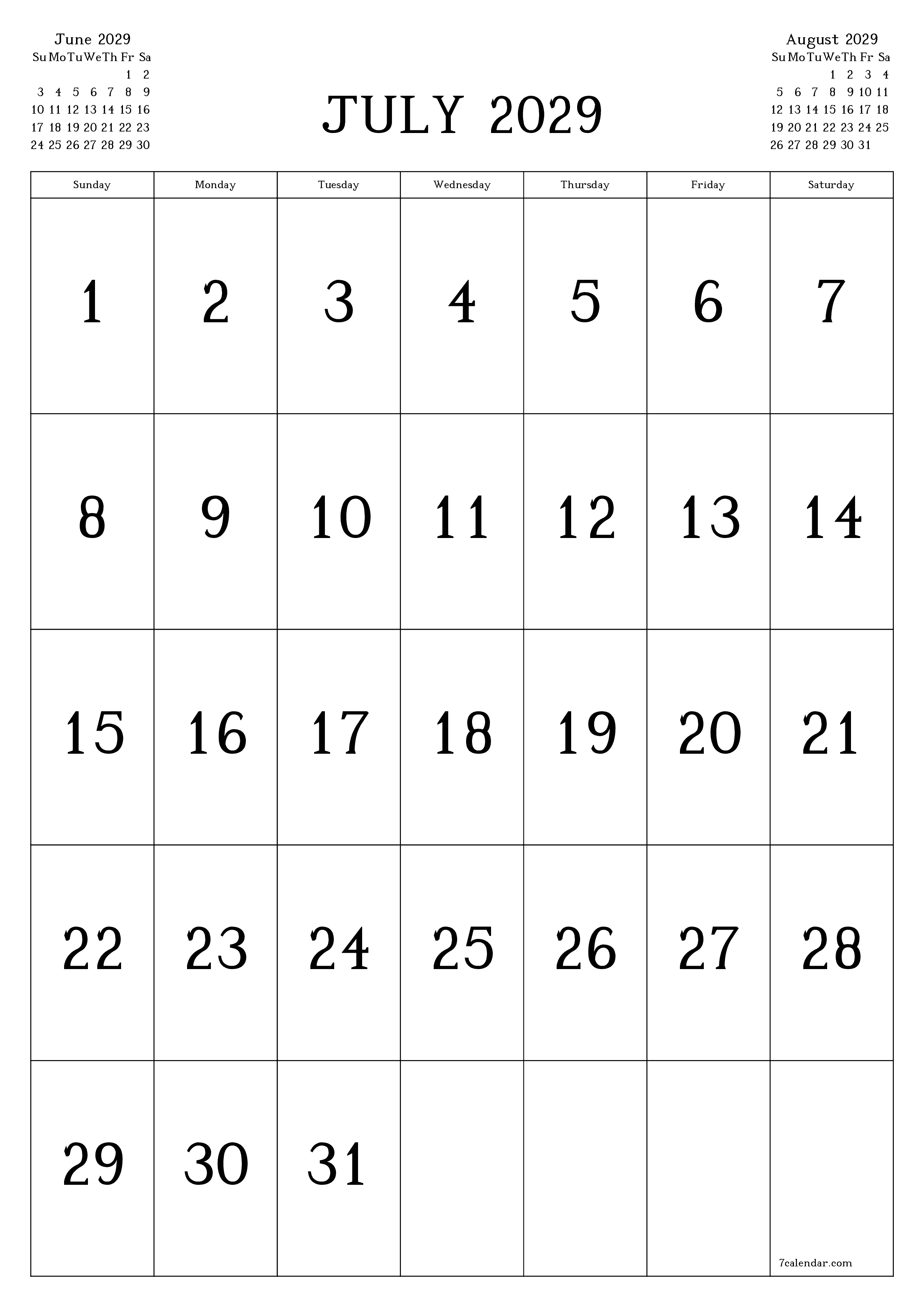 printable wall template free vertical Monthly calendar July (Jul) 2029