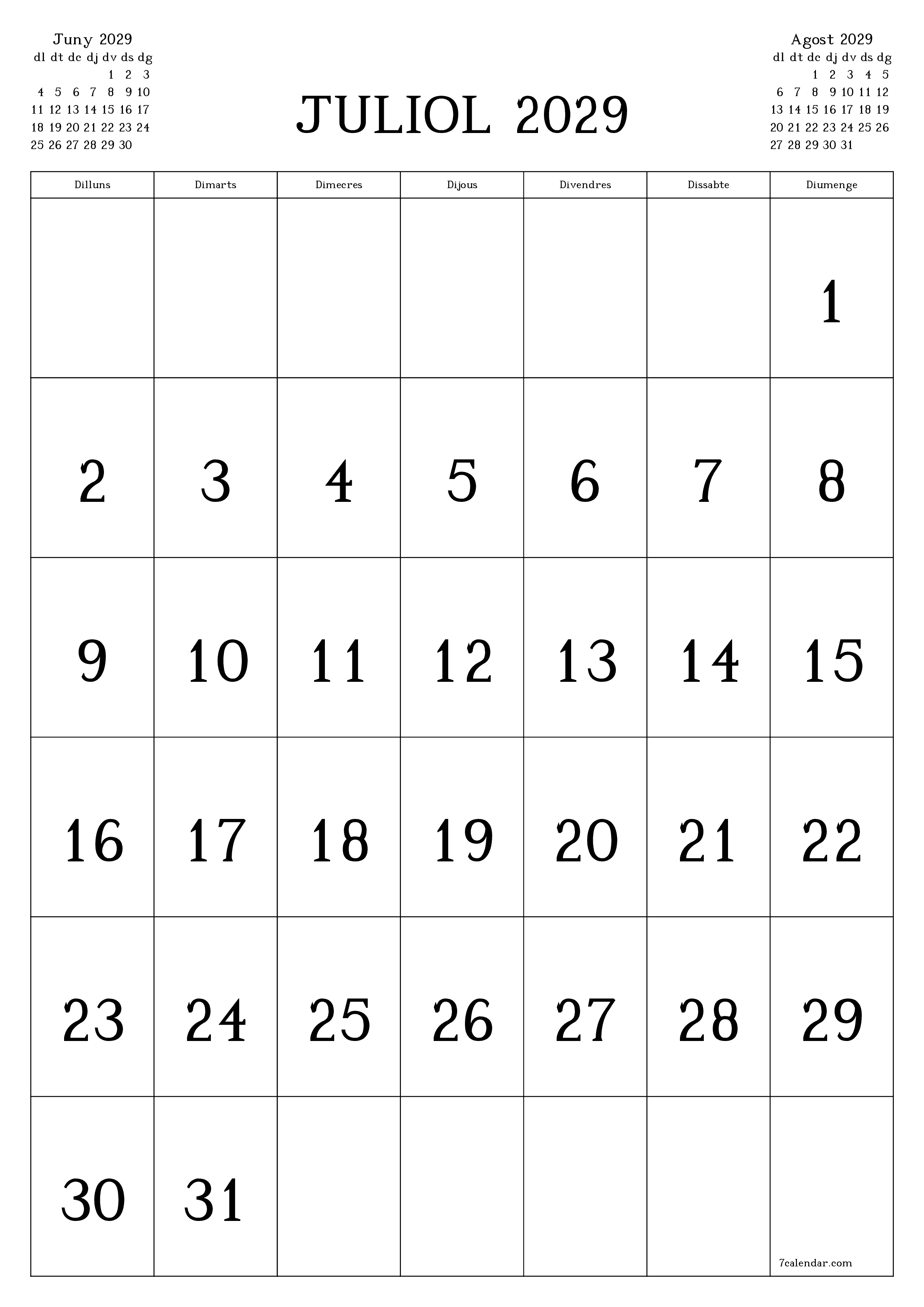  imprimible de paret plantilla de gratuïtvertical Mensual calendari Juliol (Jul) 2029
