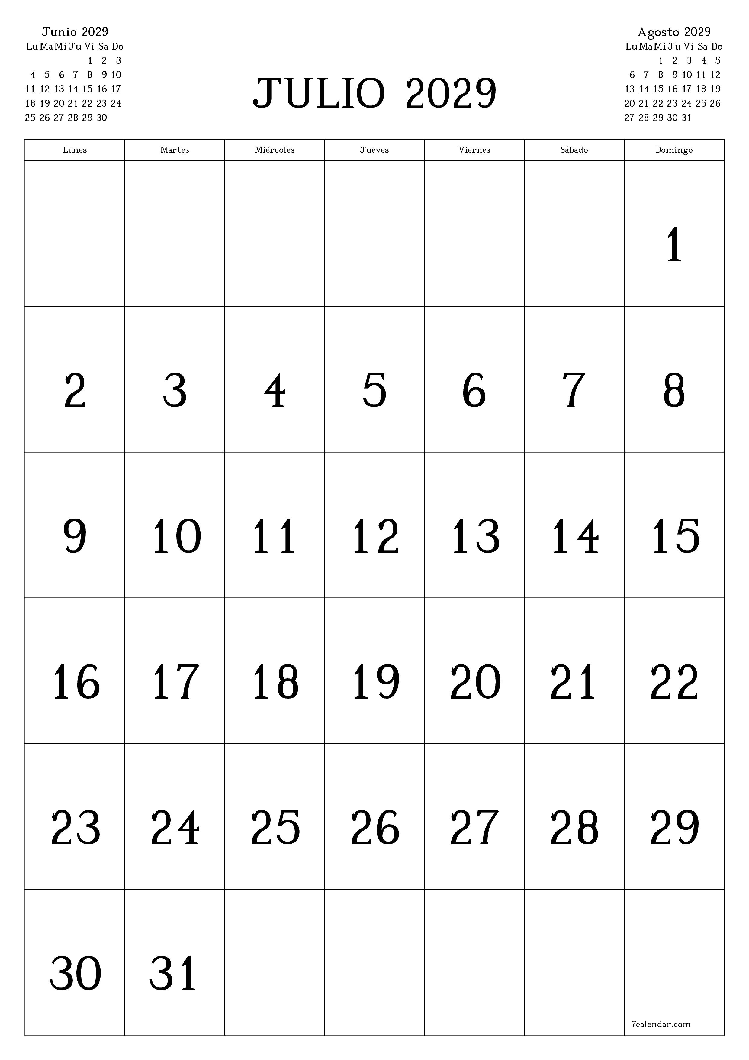  imprimible de pared plantilla de gratisvertical Mensual calendario Julio (Jul) 2029