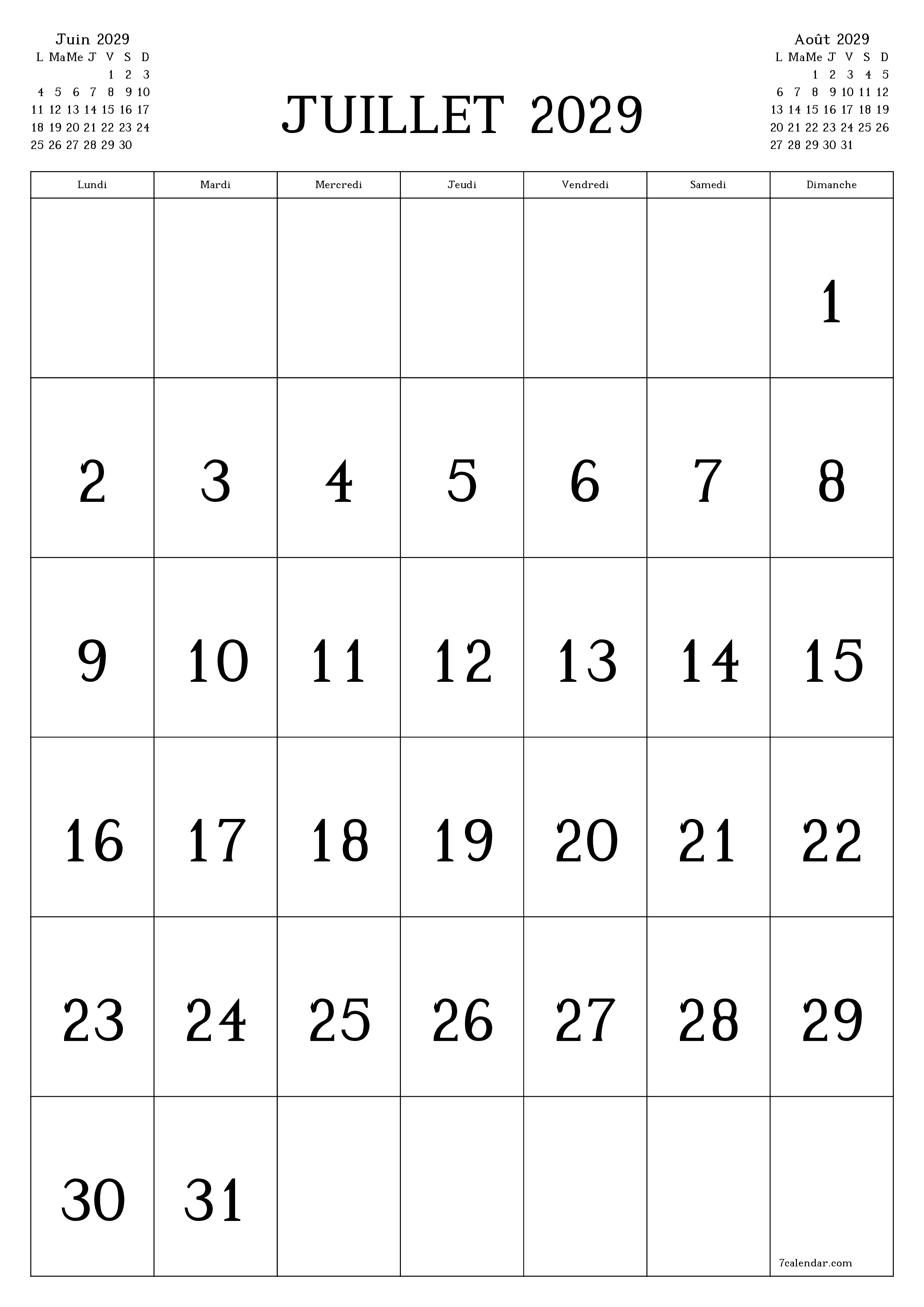  imprimable mural modèle de gratuitverticale Mensuel calendrier Juillet (Jul) 2029