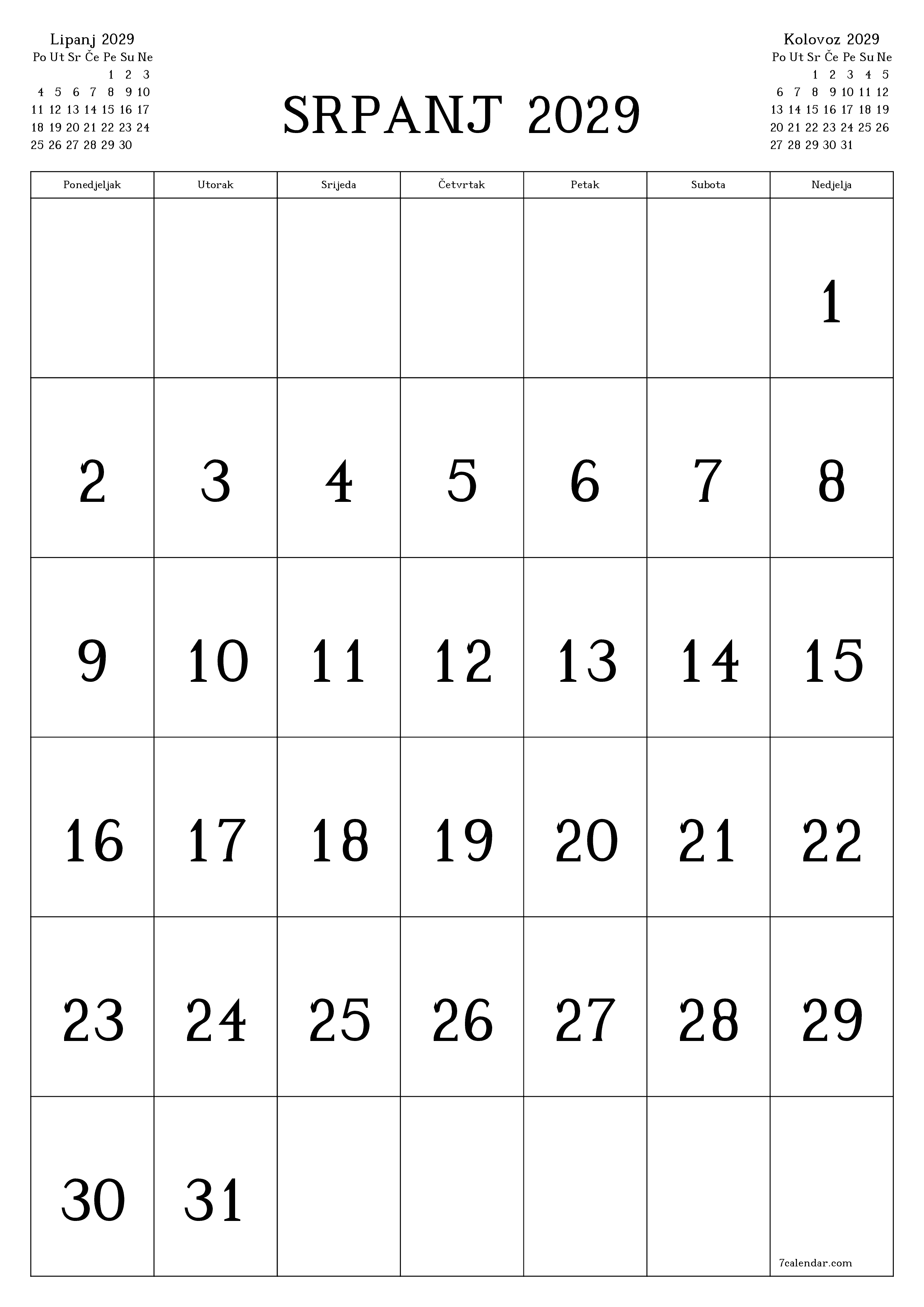  za ispis zidni predložak a besplatni okomito Mjesečni kalendar Srpanj (Srp) 2029