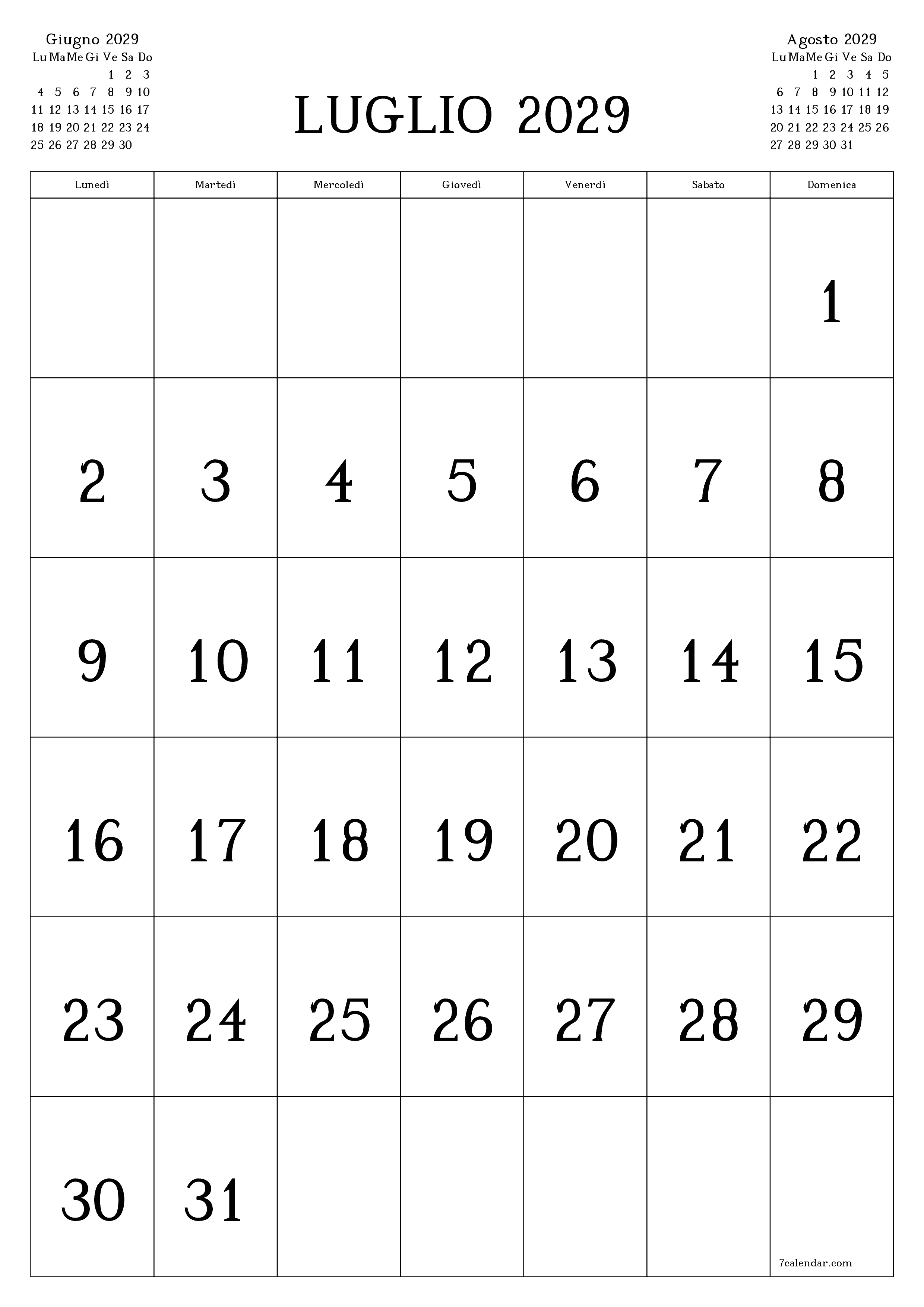  stampabile da parete modello di gratuitoverticale Mensile calendario Luglio (Lug) 2029
