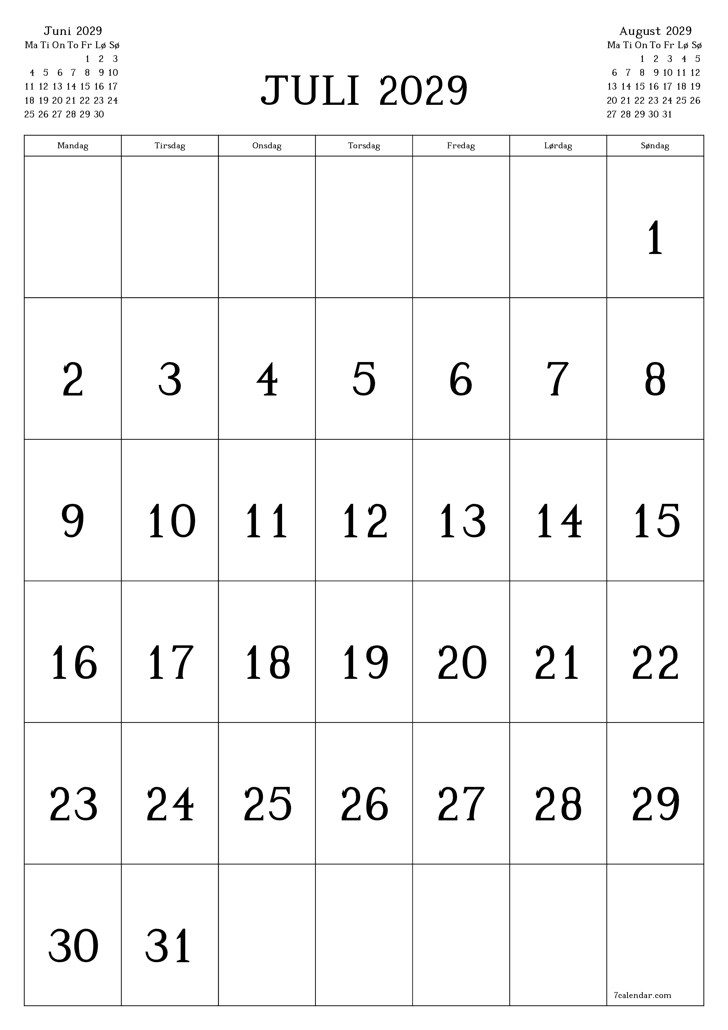 utskrivbar vegg mal gratis vertikal Månedlig kalender Juli (Jul) 2029