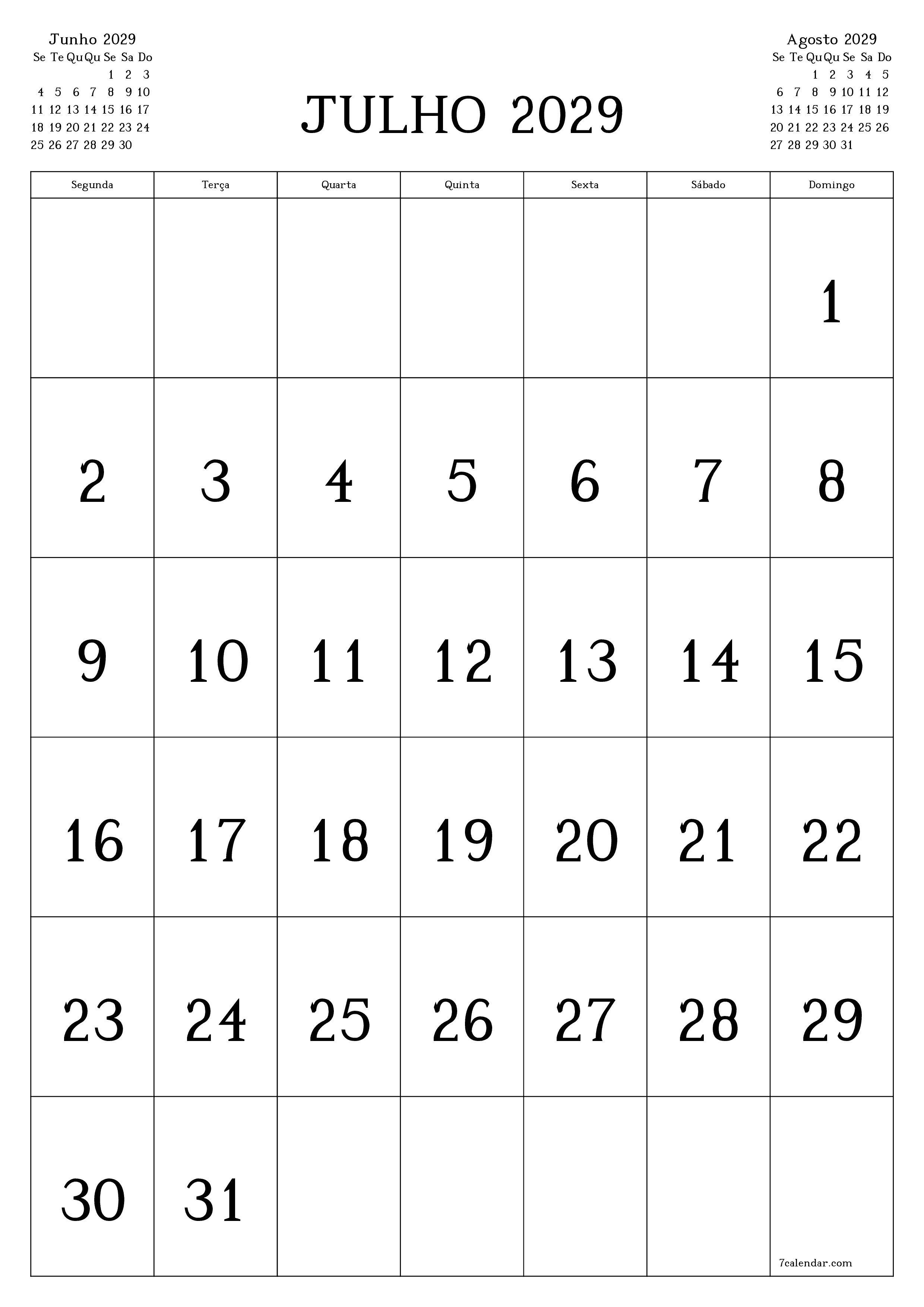  para impressão de parede modelo de grátisvertical Mensal calendário Julho (Jul) 2029
