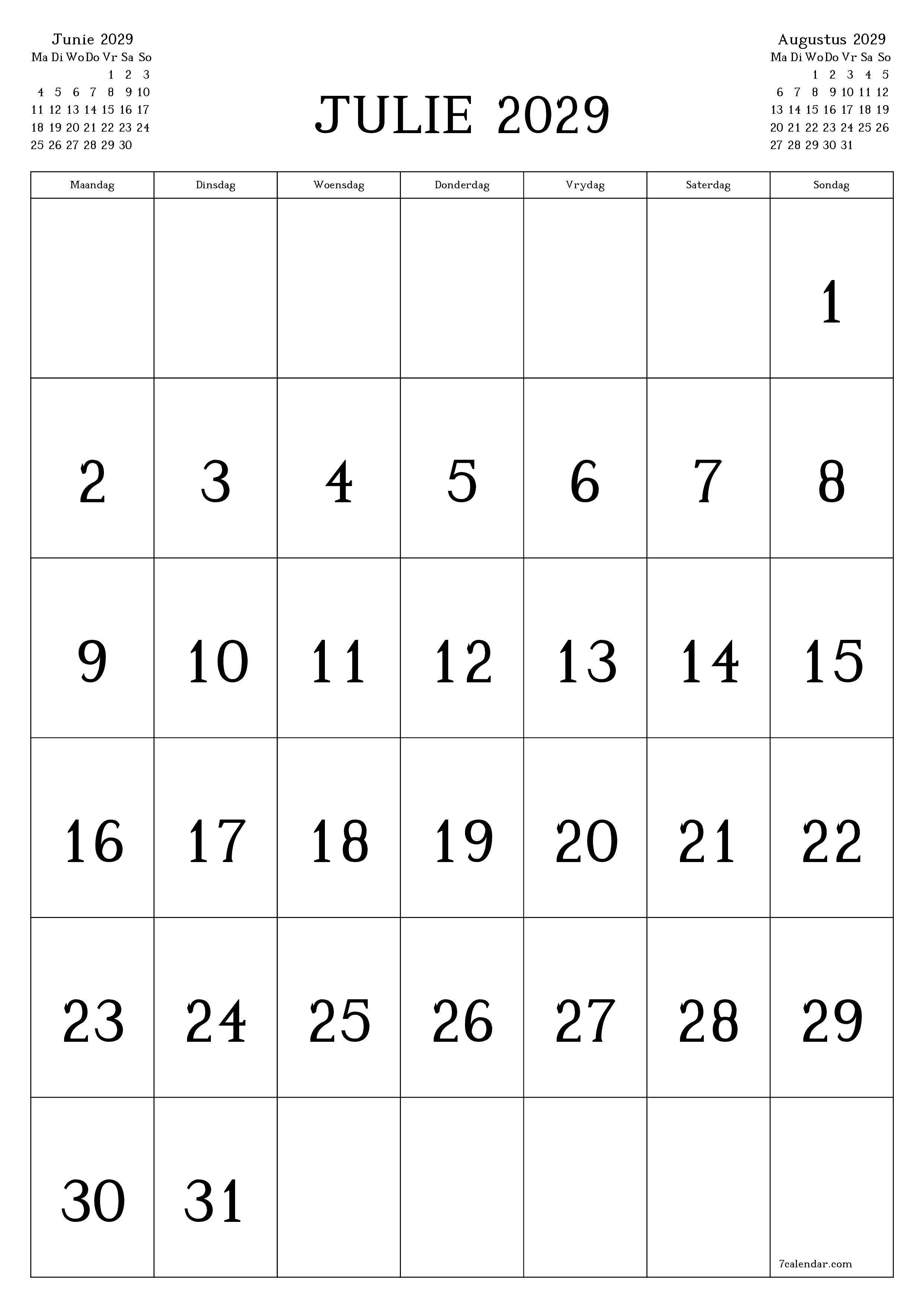 drukbare muur template gratis vertikaal Maandeliks kalender Julie (Jul) 2029