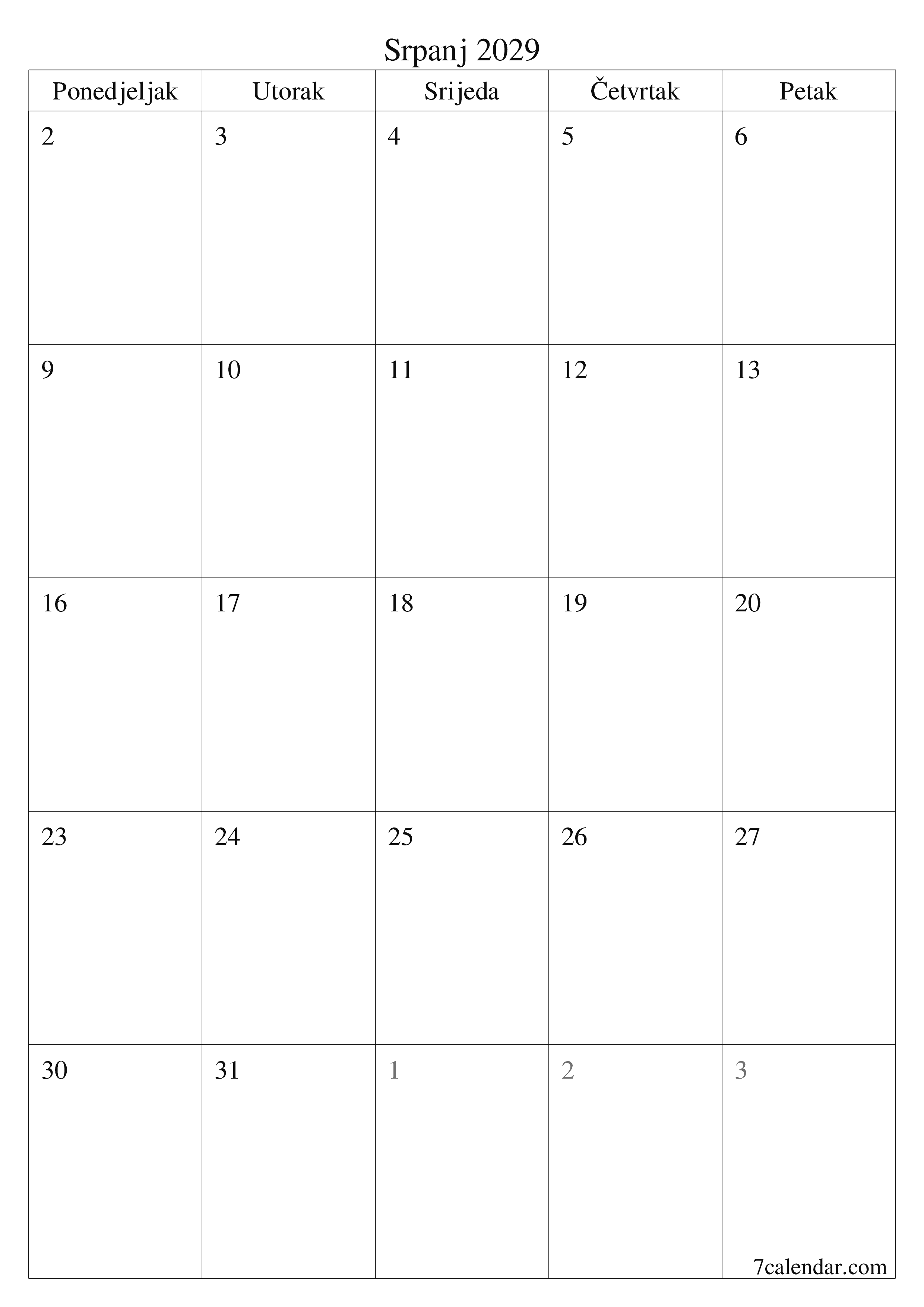  za ispis zidni predložak a besplatni okomito Mjesečni planer kalendar Srpanj (Srp) 2029