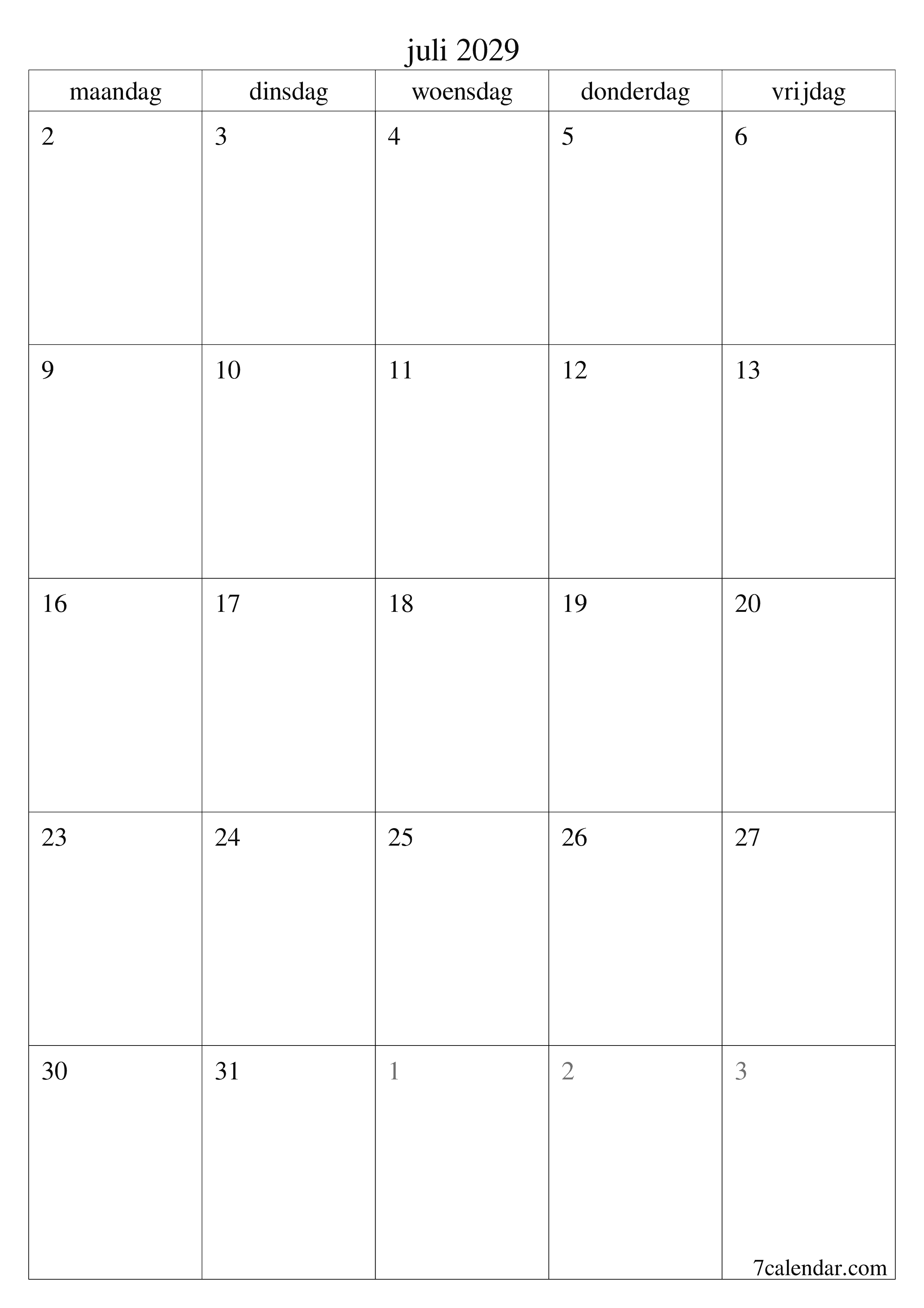afdrukbare muur sjabloon gratis verticaal Maandelijks planner kalender juli (jul) 2029