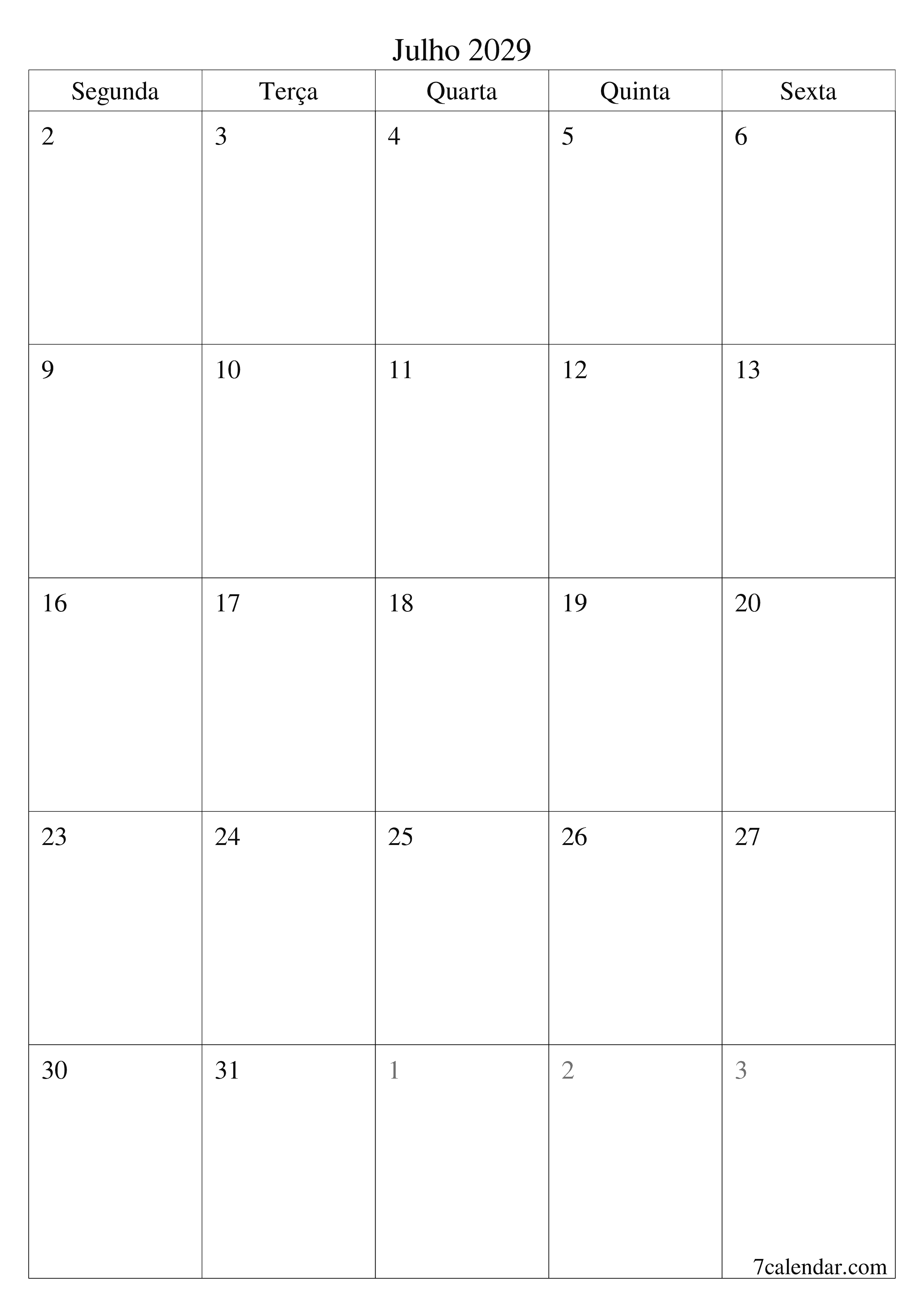  para impressão de parede modelo de grátisvertical Mensal planejador calendário Julho (Jul) 2029