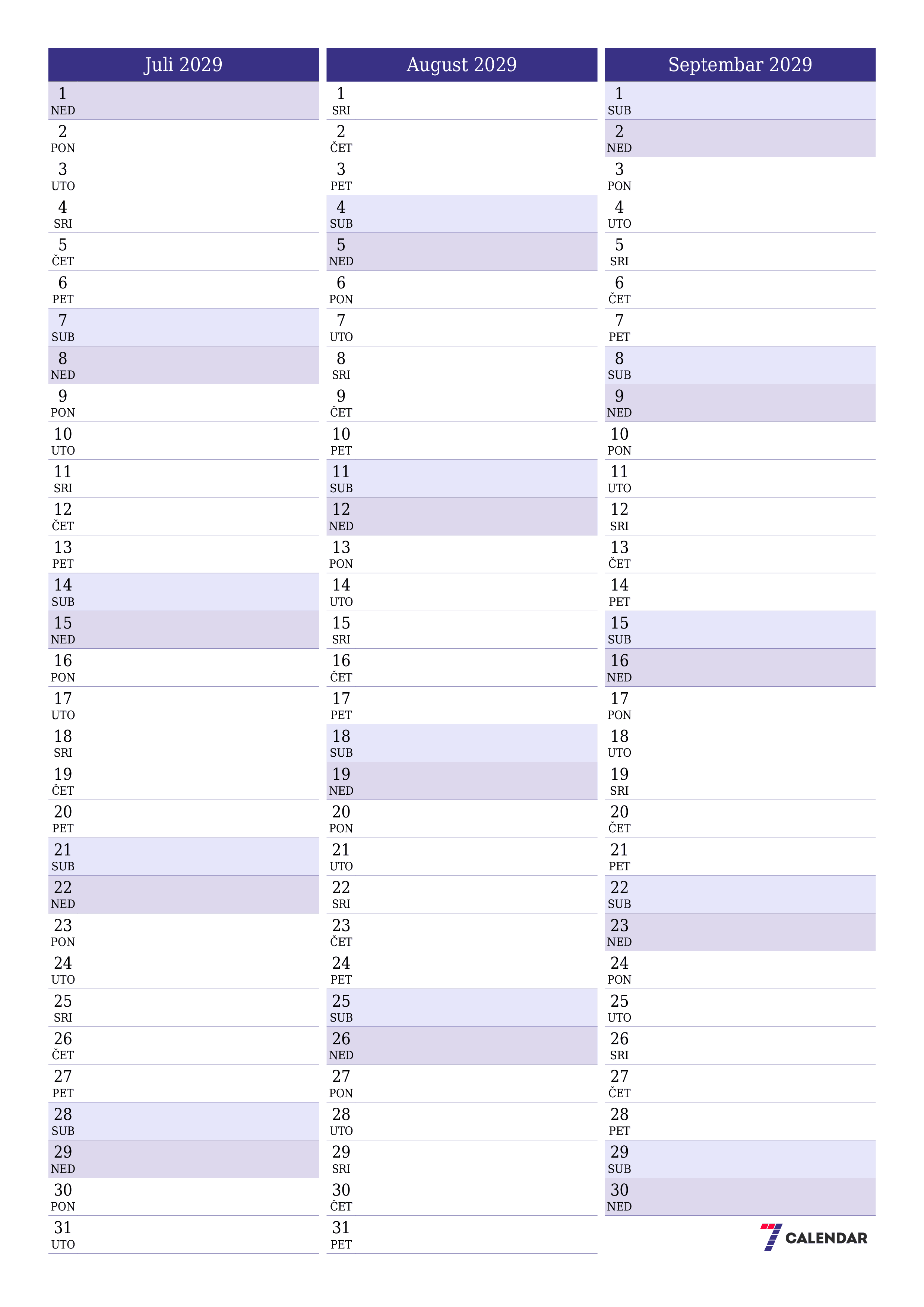  za štampanje zidni šablon a besplatni vertikalno Mjesečno planer kalendar Juli (Jul) 2029