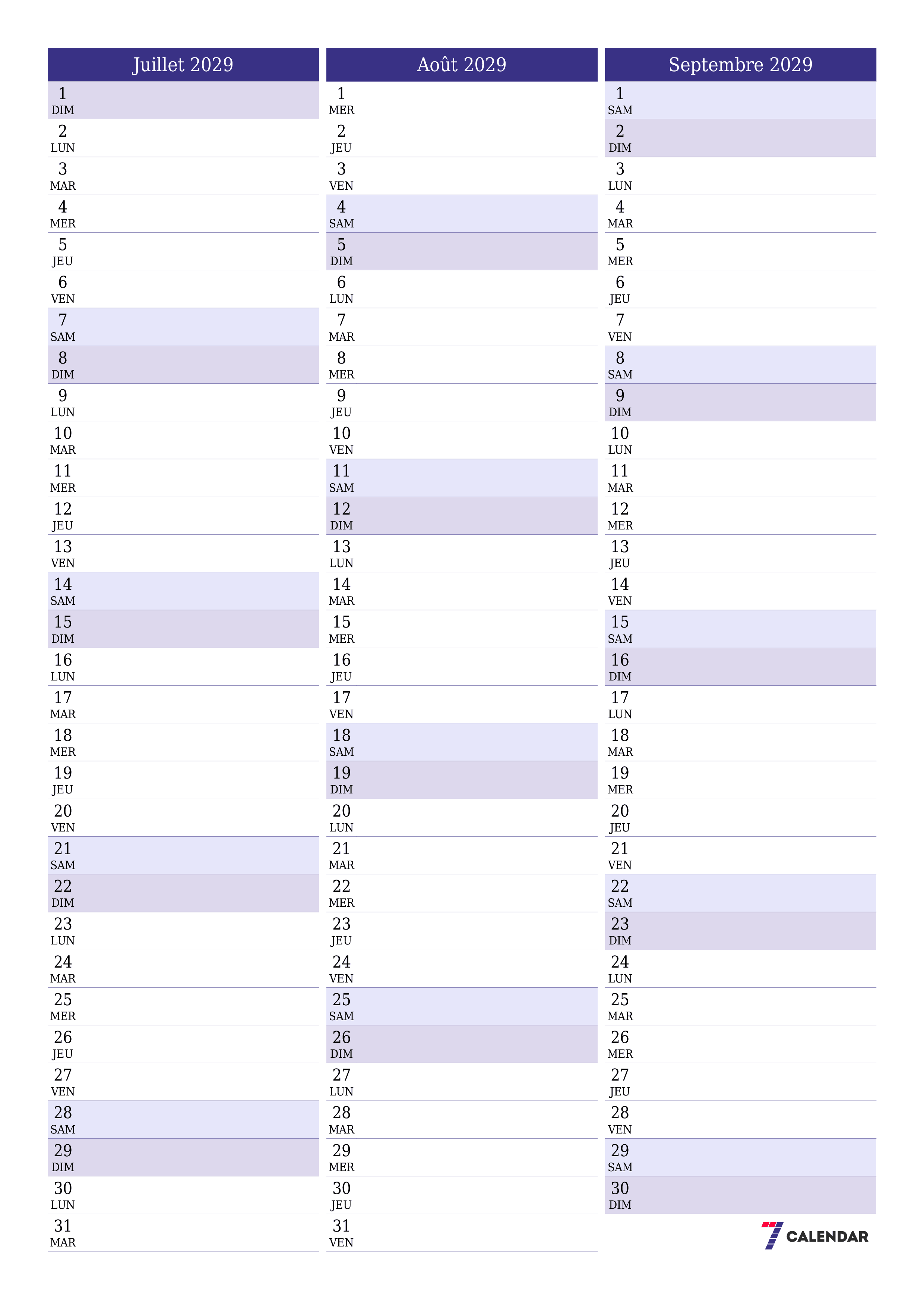  imprimable mural modèle de gratuitverticale Mensuel planificateur calendrier Juillet (Jul) 2029