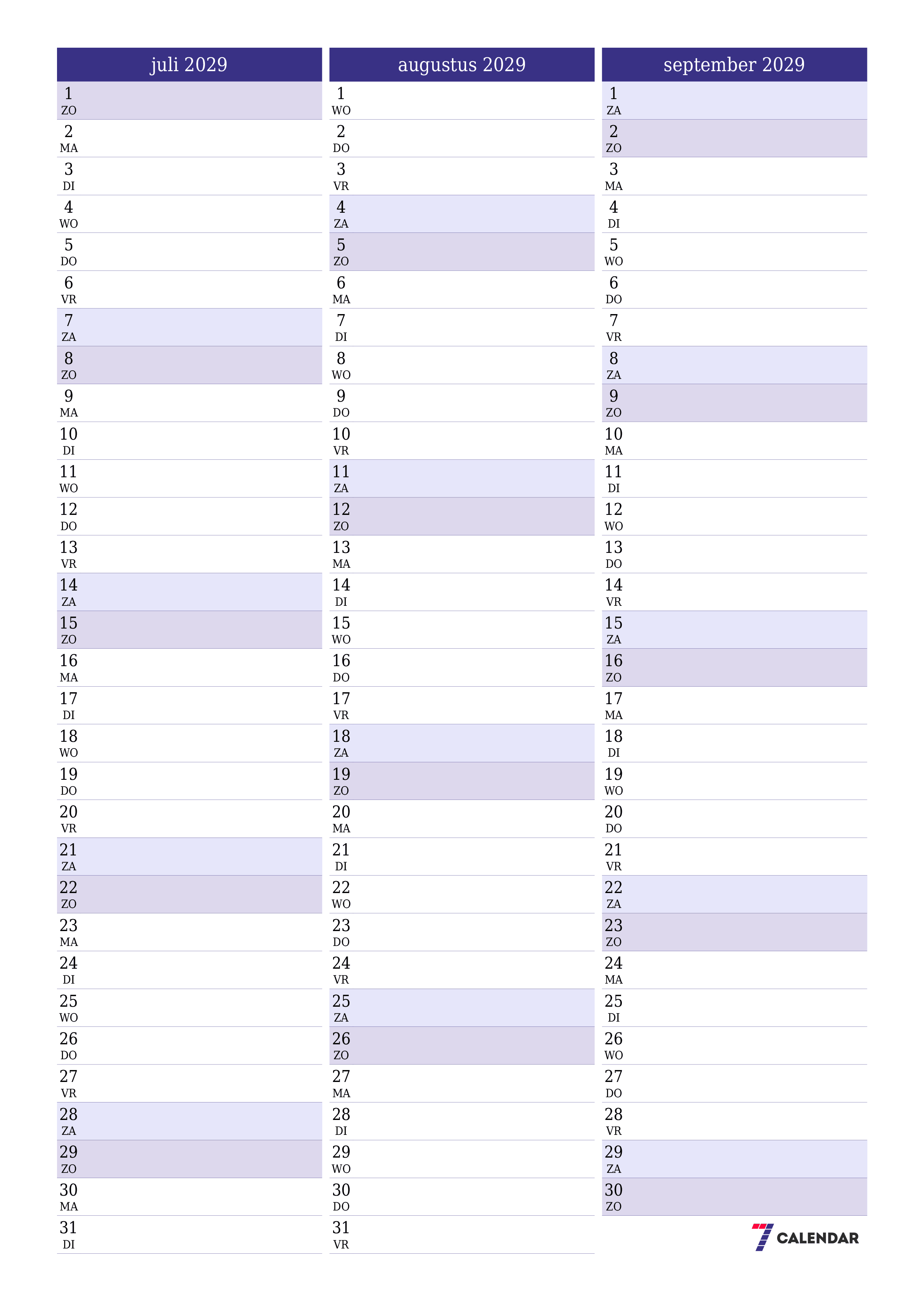 afdrukbare muur sjabloon gratis verticaal Maandelijks planner kalender juli (jul) 2029