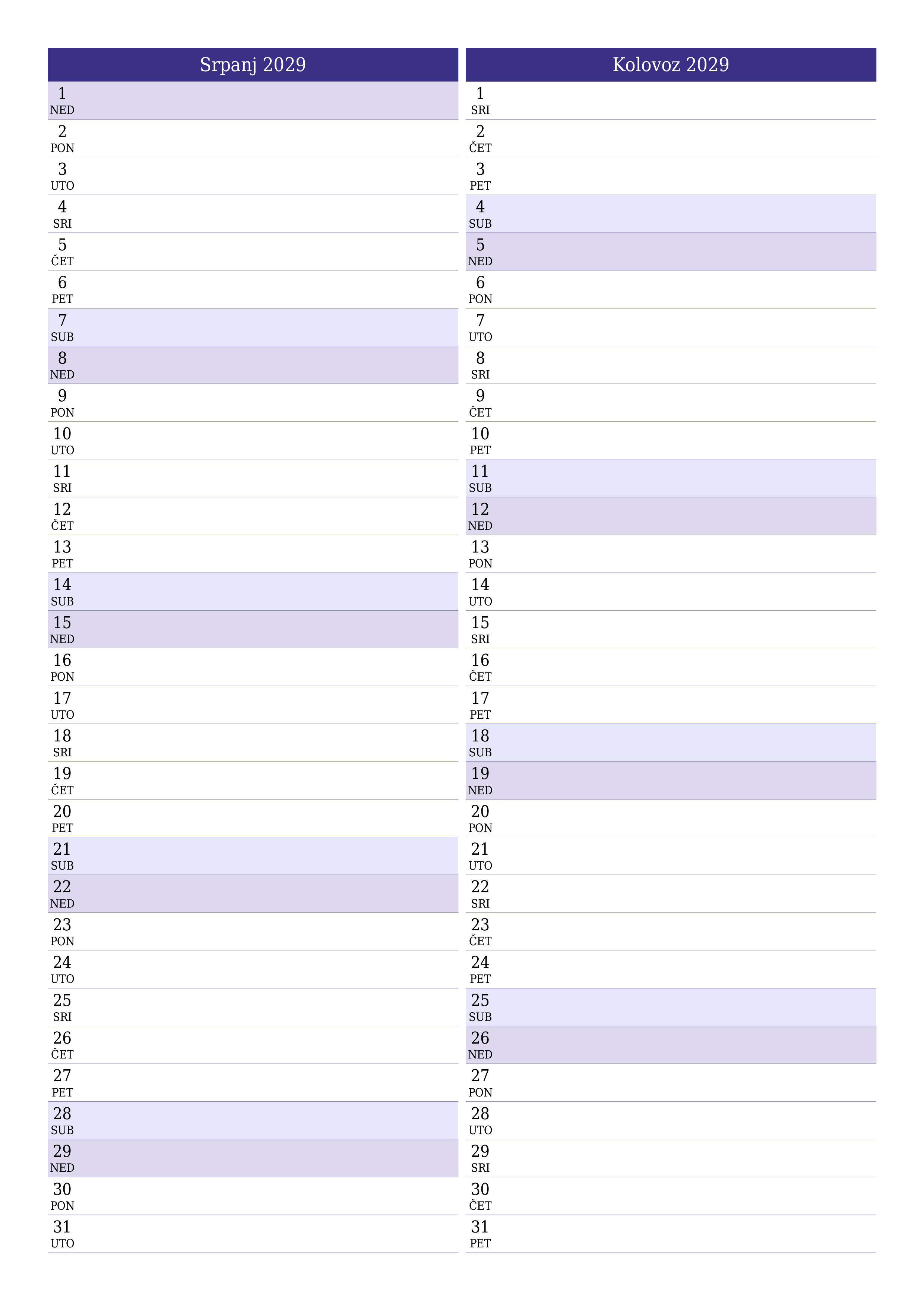  za ispis zidni predložak a besplatni okomito Mjesečni planer kalendar Srpanj (Srp) 2029