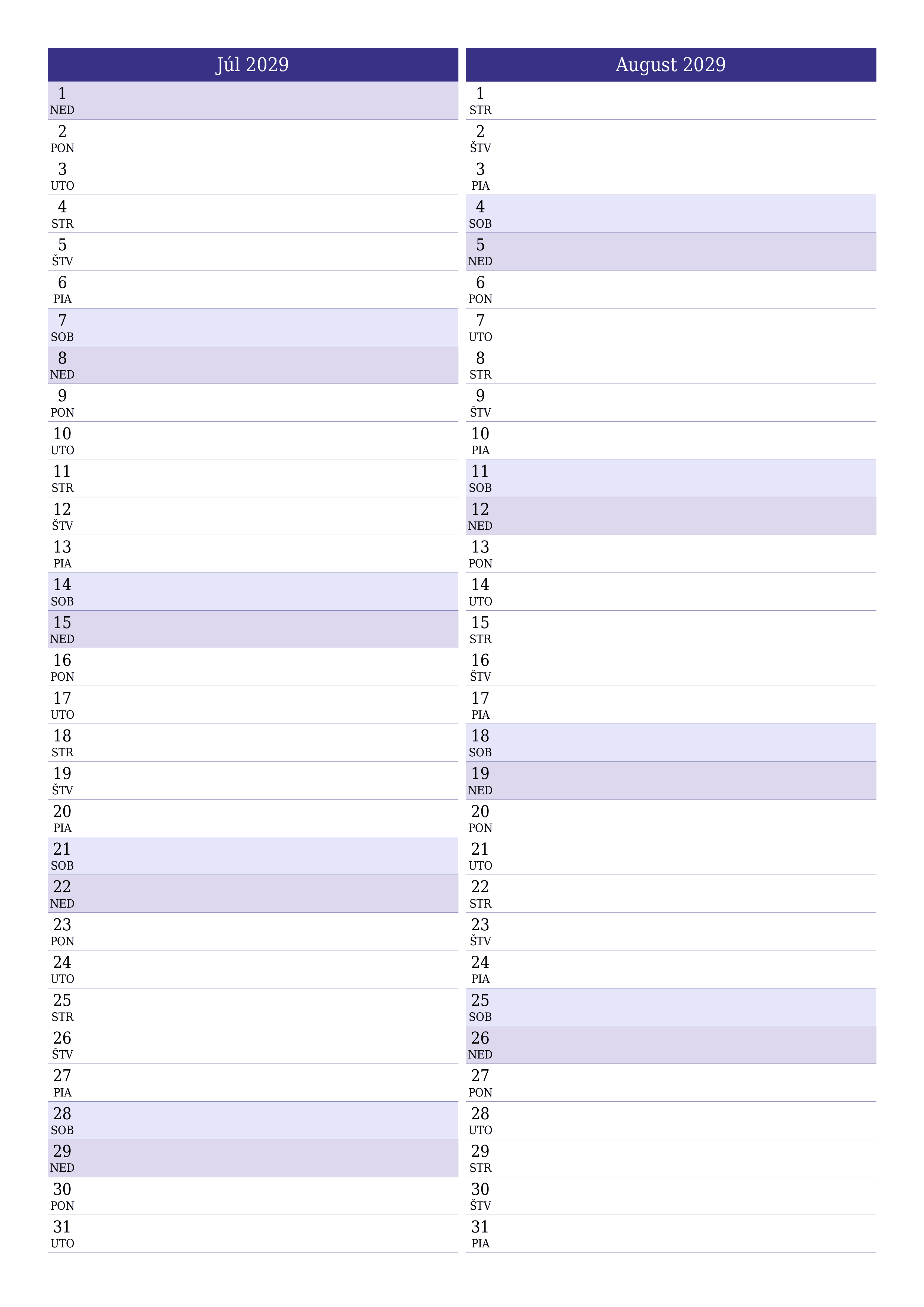 vytlačiteľný nástenný šablóna a bezplatný вертикальный Mesačne plánovač kalendár Júl (Júl) 2029