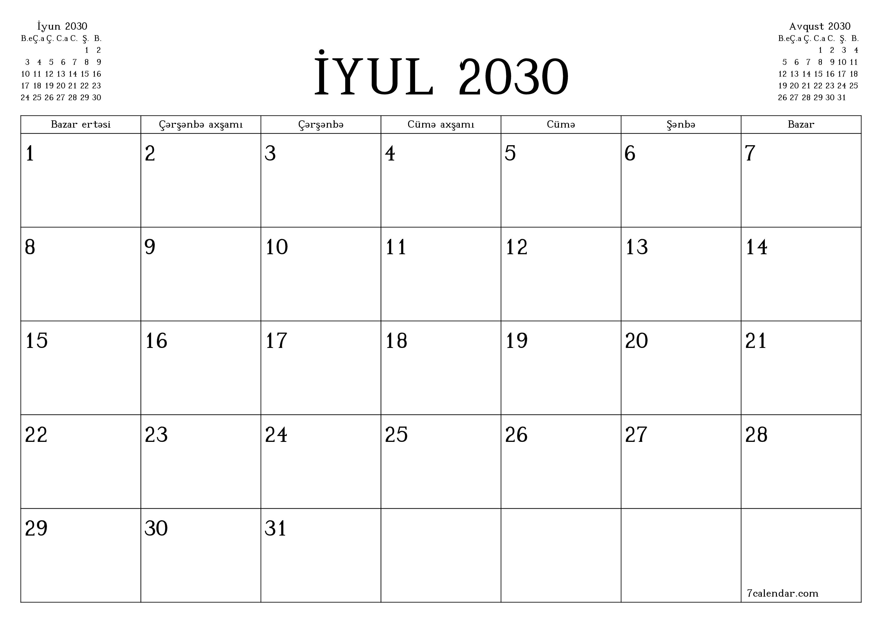 İyul 2030 ayı üçün qeydlər ilə boş aylıq planlayıcı, qeyd edin və PDF-ə yazdırın PNG Azerbaijani
